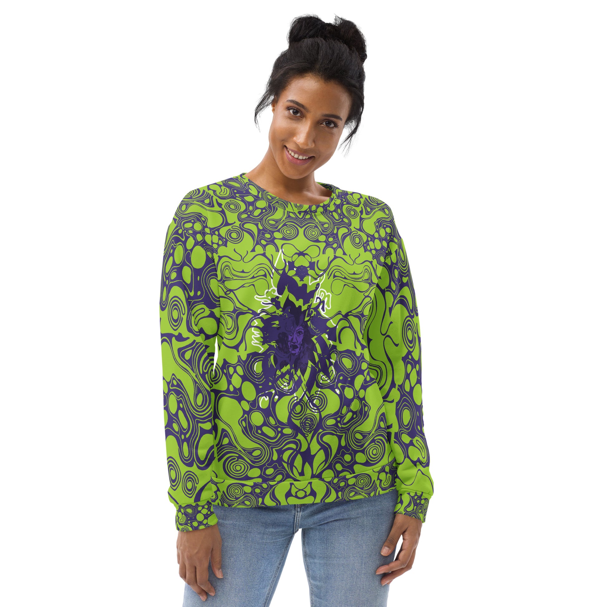 A model wearing green and purple unisex sweatshirt from Kloe Store featuring bold abstract patterns and a central artistic face design on both front and back, perfect for an edgy and modern streetwear style