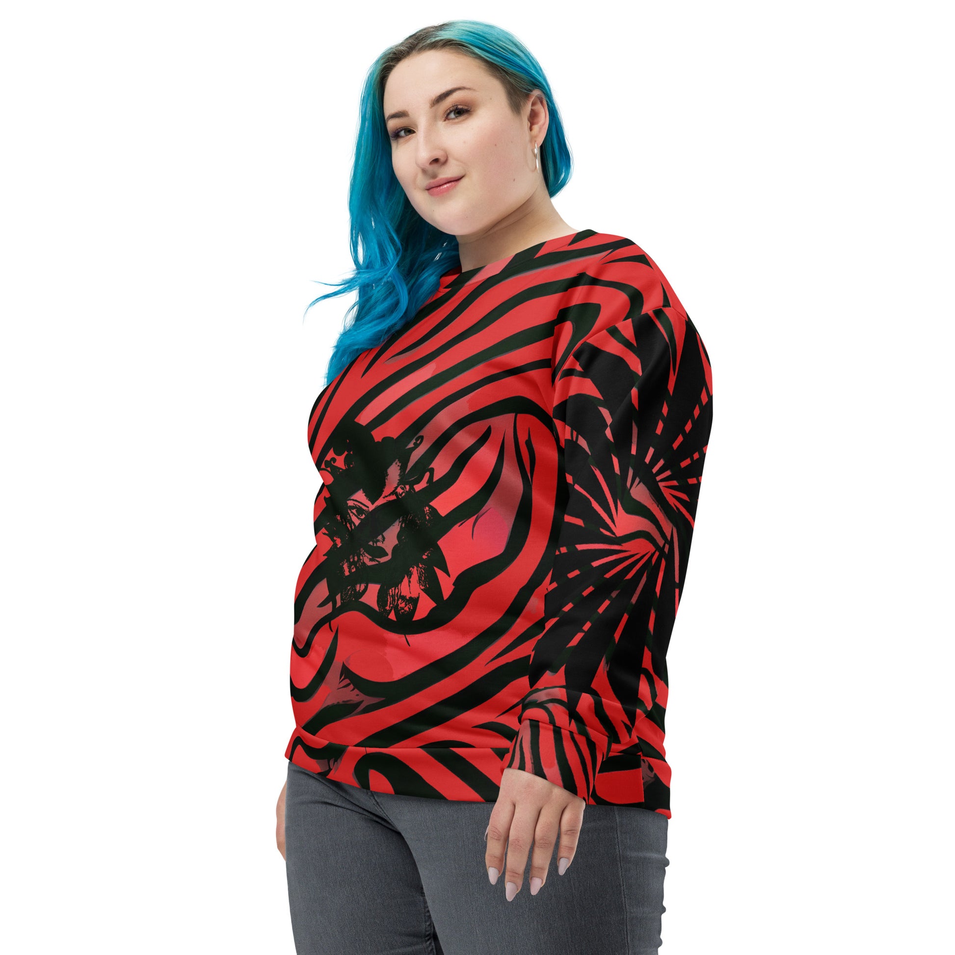 Front view of a plus size model wearing a bold red and black unisex sweatshirt from Kloe Store featuring a striking artistic face design, showcasing unique streetwear style with a vibrant, swirling pattern.