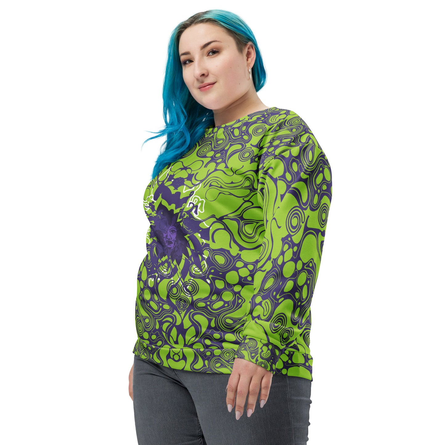 A model wearing reen and purple unisex sweatshirt from Kloe Store featuring bold abstract patterns and a central artistic face design on both front and back, perfect for an edgy and modern streetwear style.