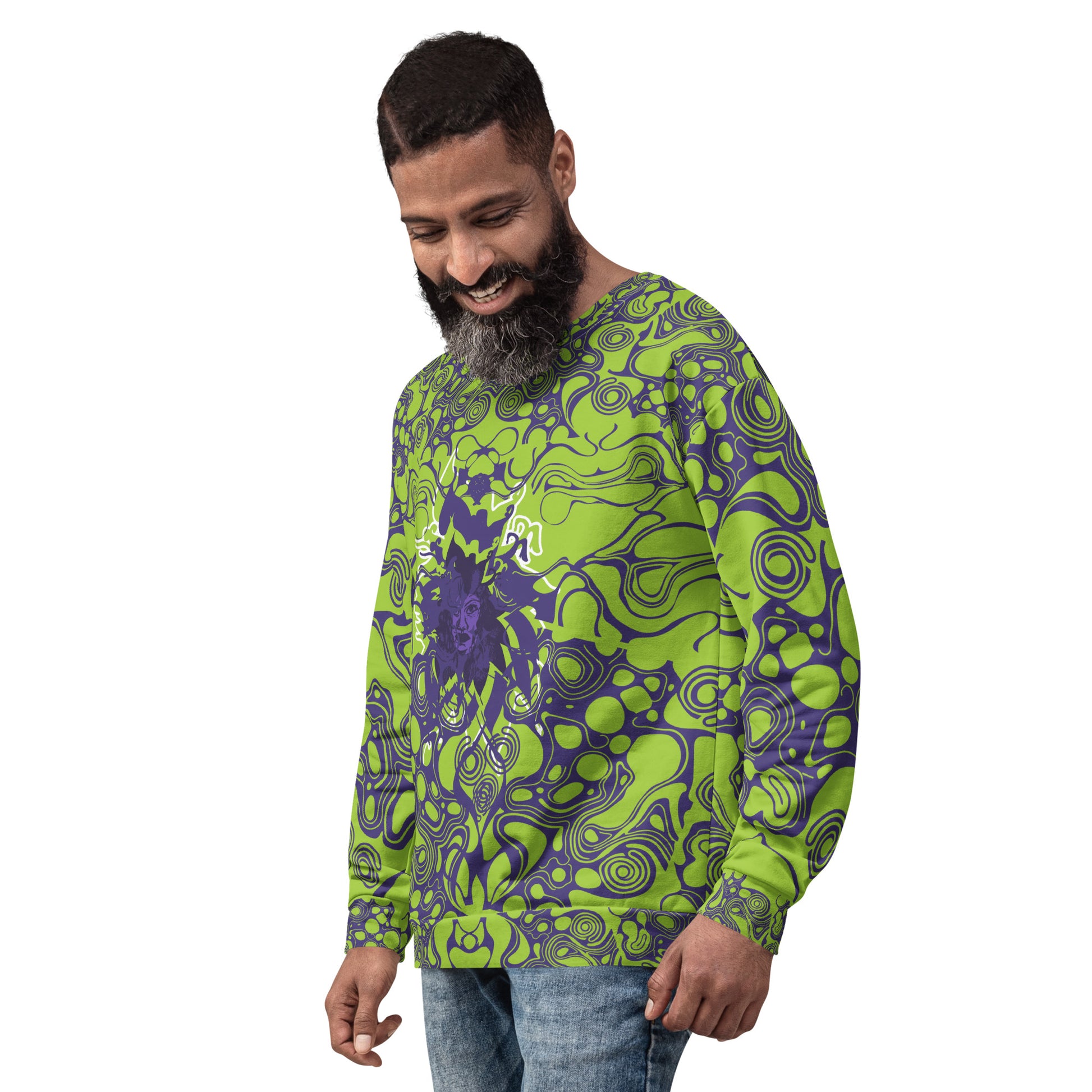A model wearing green and purple unisex sweatshirt from Kloe Store featuring bold abstract patterns and a central artistic face design on both front and back, perfect for an edgy and modern streetwear style.