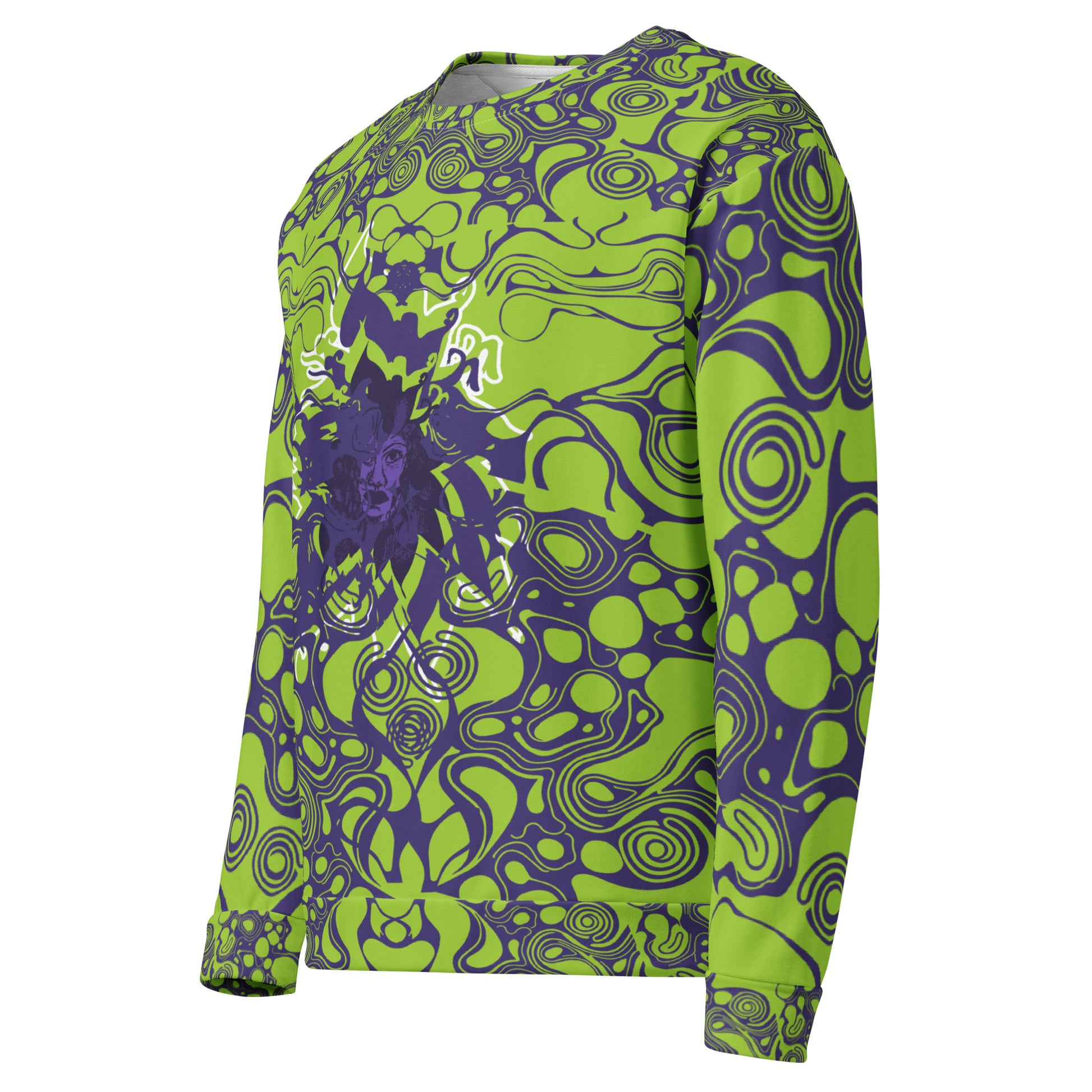 Green and purple unisex sweatshirt from Kloe Store featuring bold abstract patterns and a central artistic face design on both front and back, perfect for an edgy and modern streetwear style