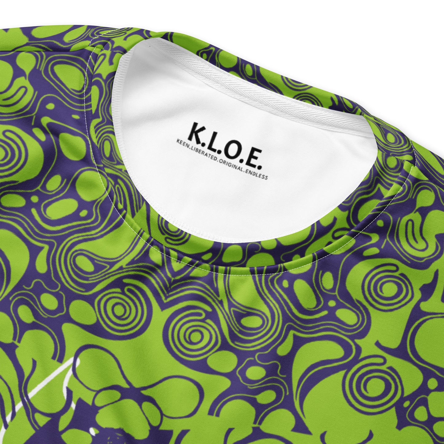 Green and purple unisex sweatshirt from Kloe Store featuring bold abstract patterns and a central artistic face design on both front and back, perfect for an edgy and modern streetwear style, detail view.