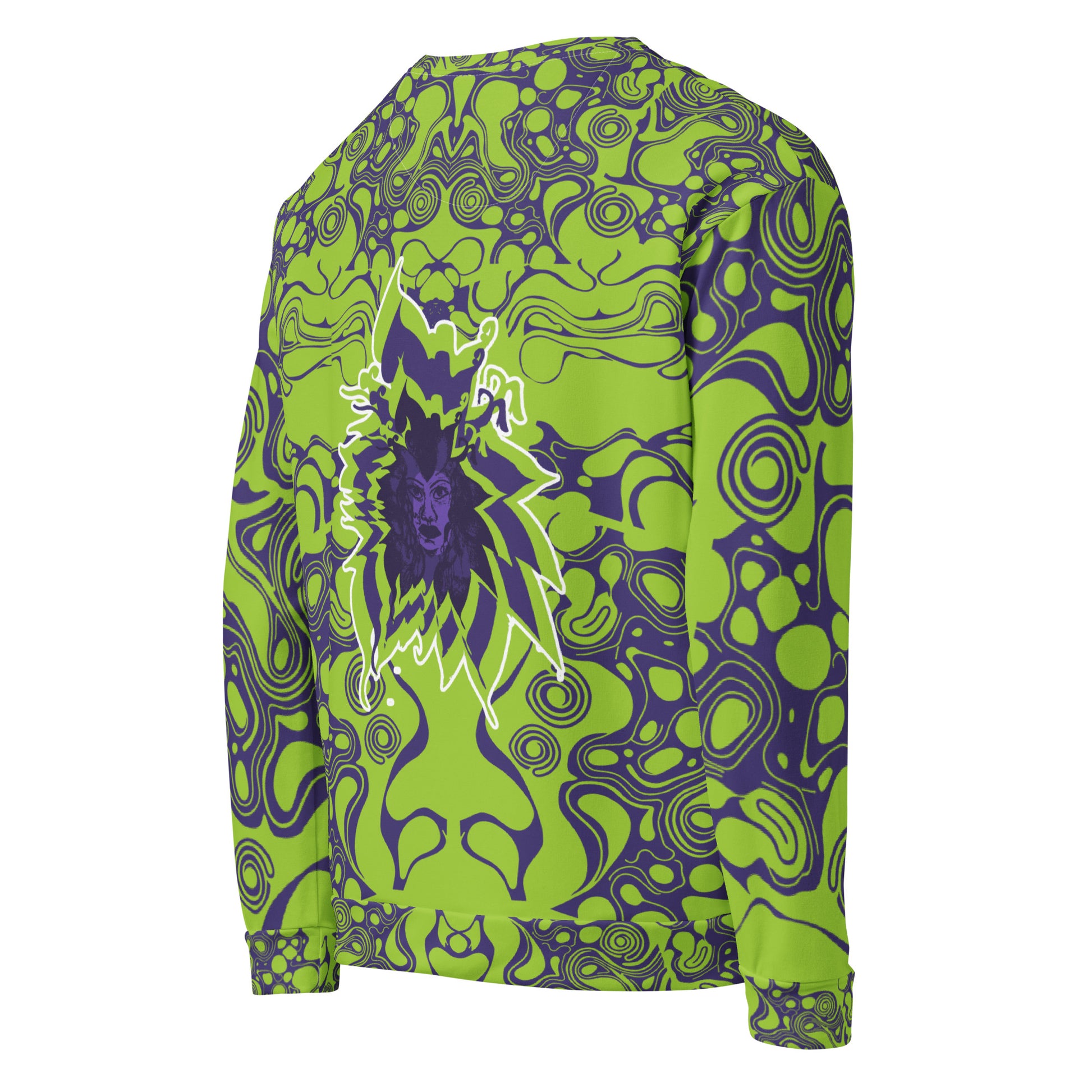Green and purple unisex sweatshirt from Kloe Store featuring bold abstract patterns and a central artistic face design on both front and back, perfect for an edgy and modern streetwear style