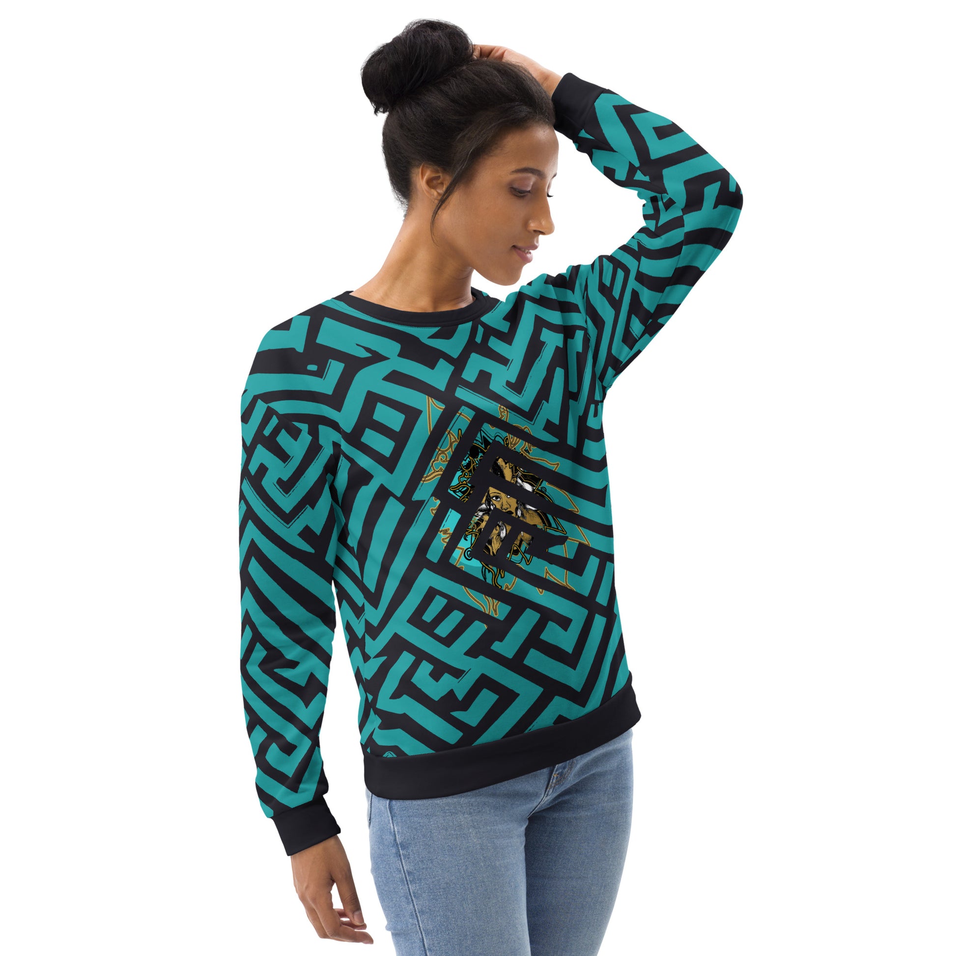 Front view of Kloe Store unisex sweatshirt featuring bold green and black geometric patterns with a central golden artistic face design, on a female  model, showcasing modern streetwear fashion.