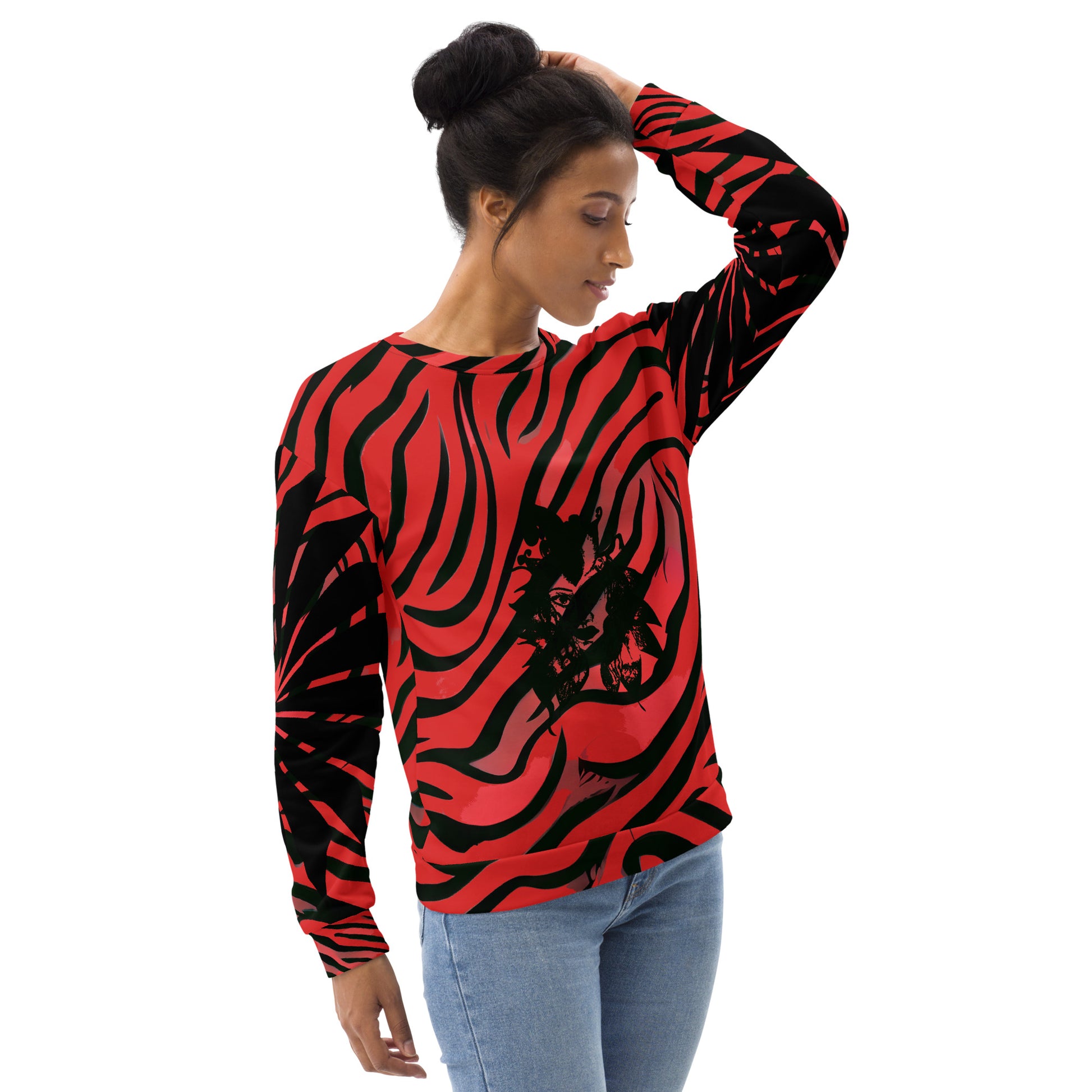 Front view of a plus size model wearing a bold red and black unisex sweatshirt from Kloe Store featuring a striking artistic face design, showcasing unique streetwear style with a vibrant, swirling pattern.