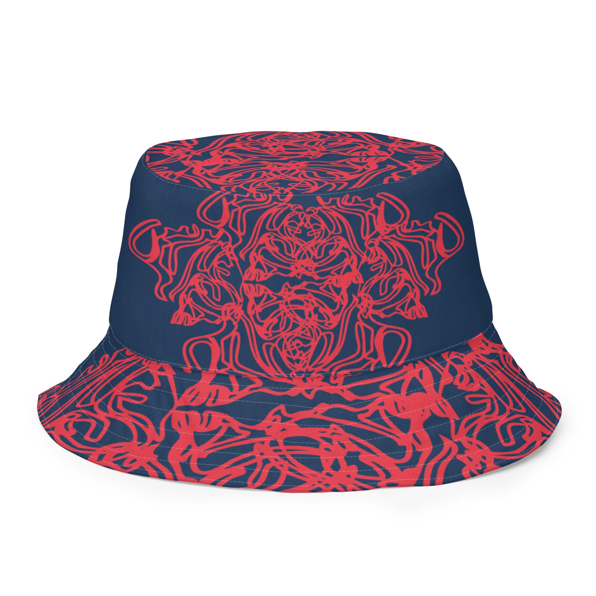 Bold reversible streetwear bucket hat featuring hand-drawn tribal patterns on one side and a mirrored face design on the other, crafted in navy and red for an edgy, modern look – KLOE fashion.