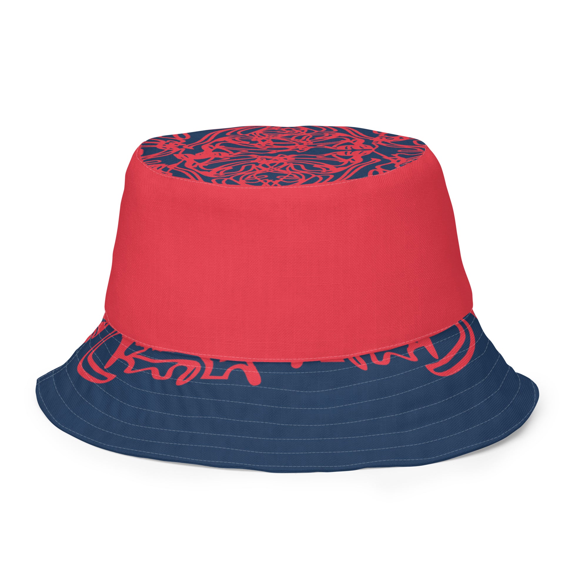 Bold reversible streetwear bucket hat featuring hand-drawn tribal patterns on one side and a mirrored face design on the other, crafted in navy and red for an edgy, modern look – KLOE fashion.