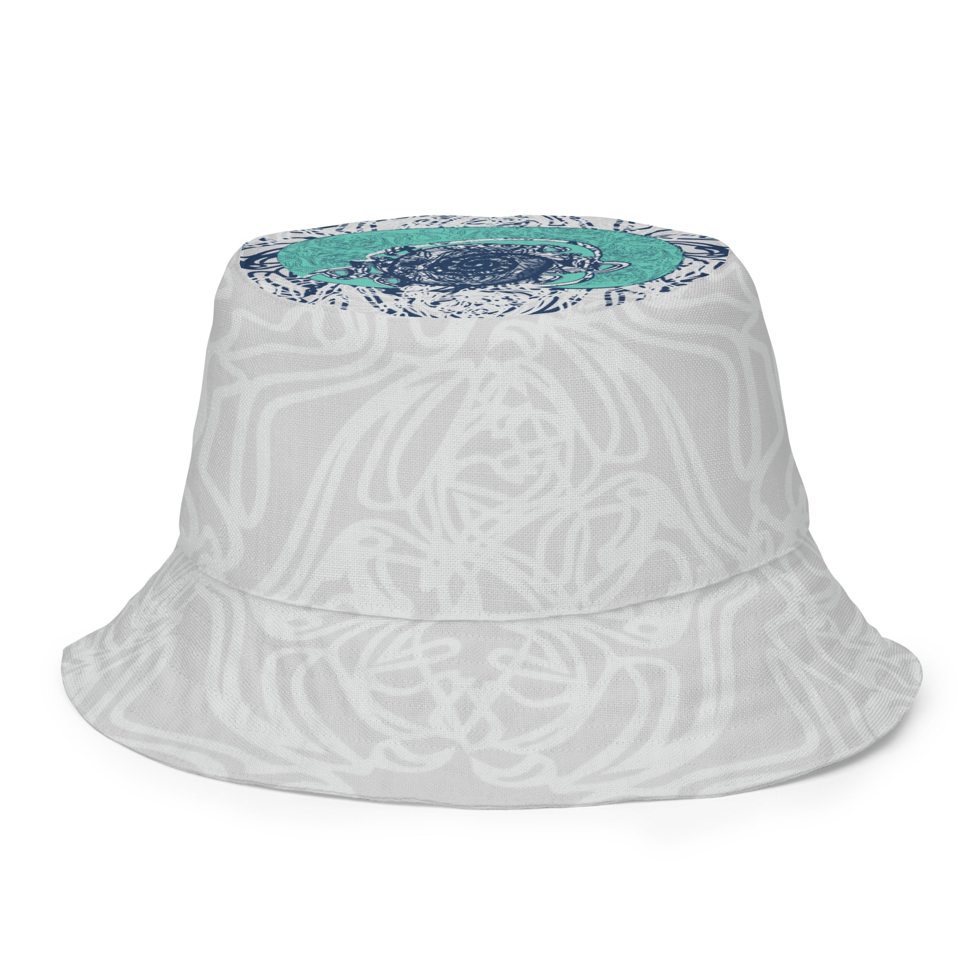 Reversible bucket hat with abstract jade and white linework, featuring dual-face artwork on one side and K.L.O.E logo on the other—crafted for bold, expressive style.