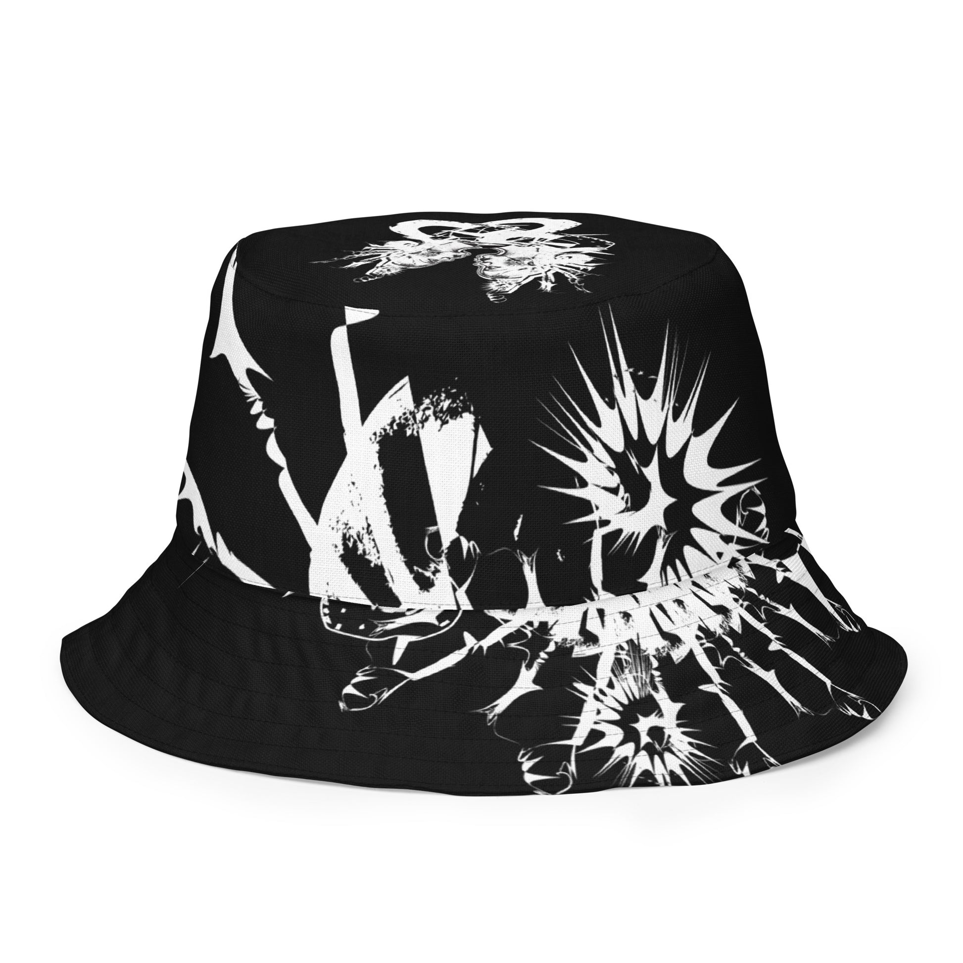 All-over print reversible bucket hat by K.L.O.E featuring white hand-drawn, culturally inspired artwork on a black background—symbolizing duality, individuality, and artistic transformation through abstract design.