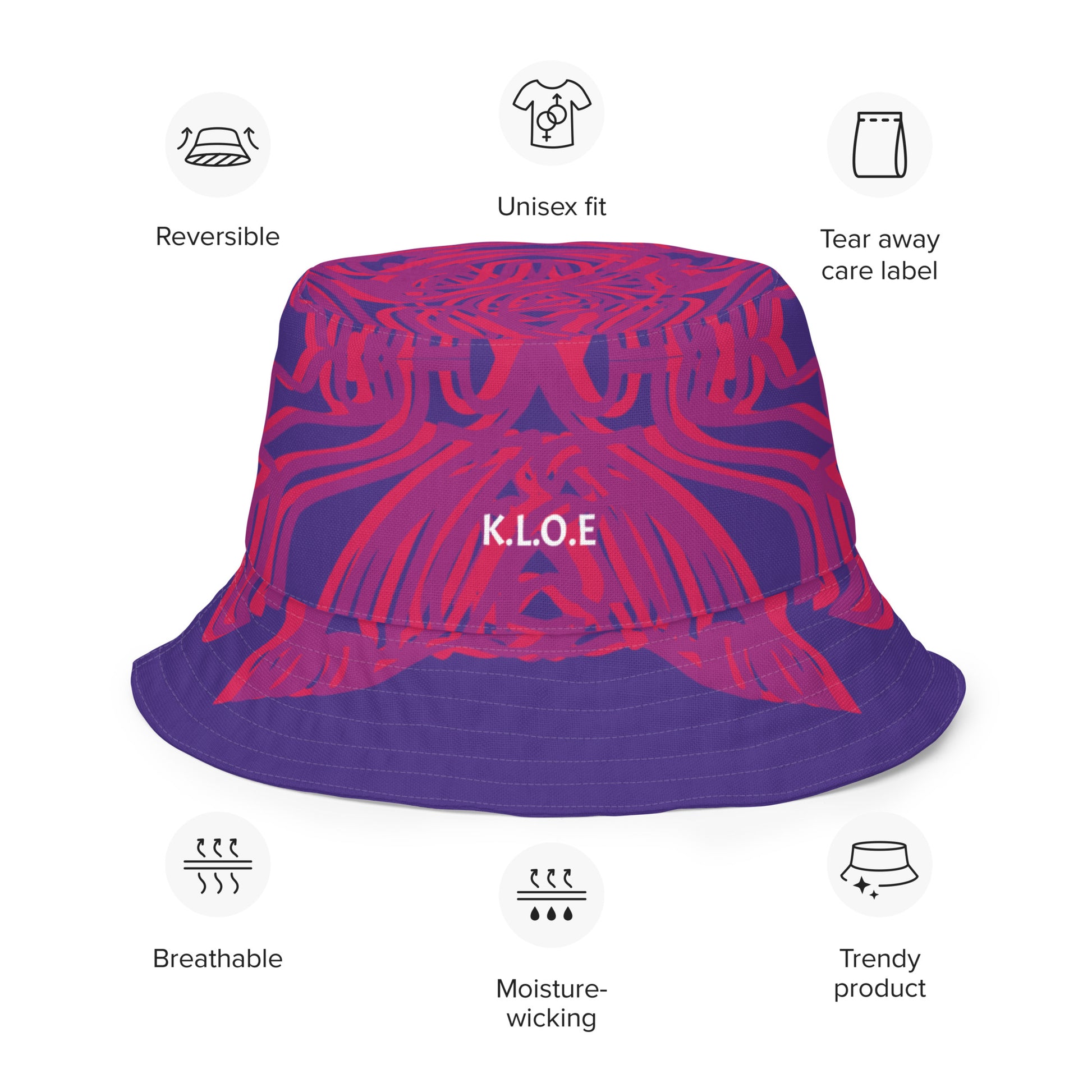 Reversible purple bucket hat with bold orange and red culturally inspired patterns, featuring abstract swirls and mirrored face design — artistic fashion accessory from KLOE’s The Secret Chambers of I & I collection.