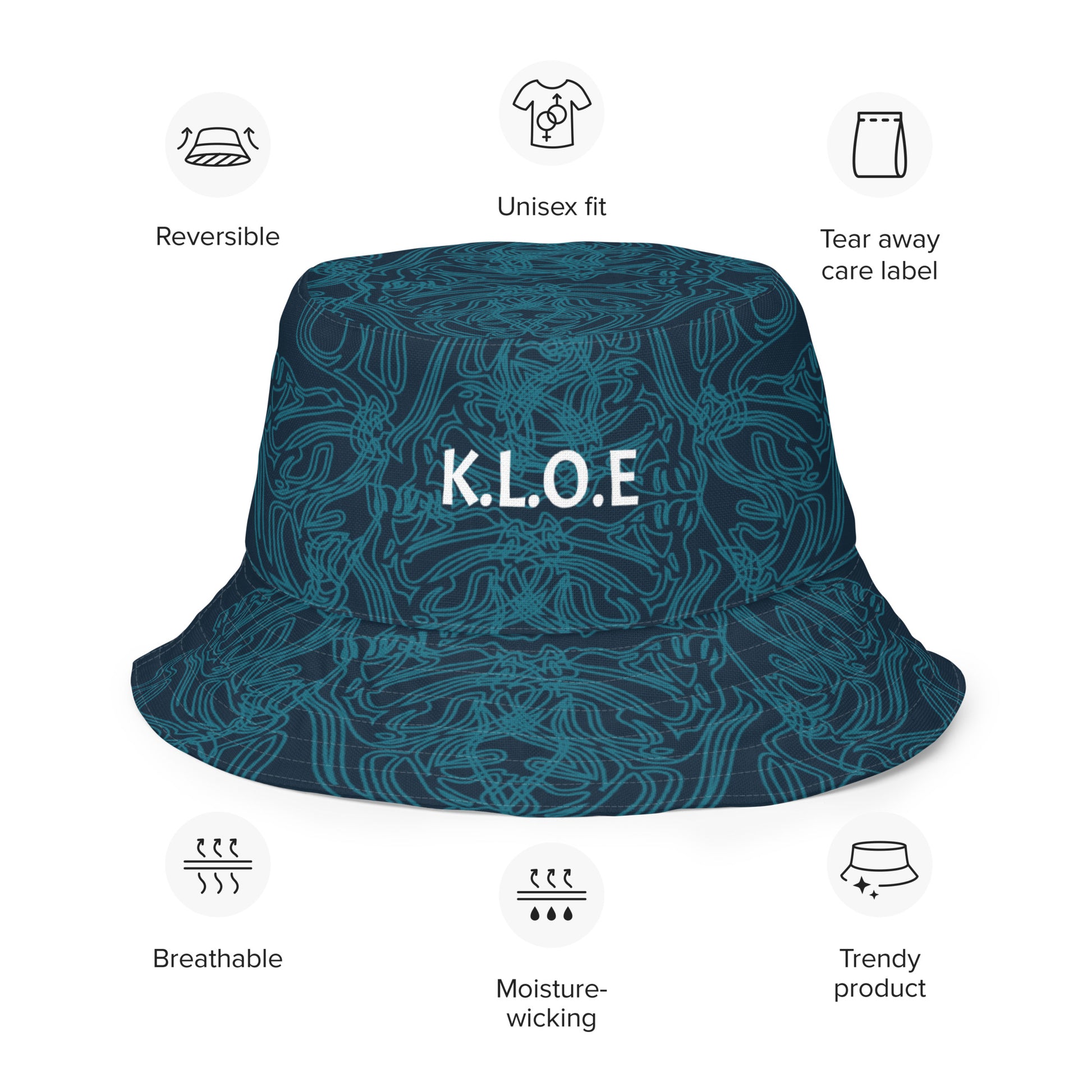 Navy blue bucket hat with cyan line art and 'K.L.O.E' branding on the front, offering a minimal yet artistic aesthetic, worn by a model.