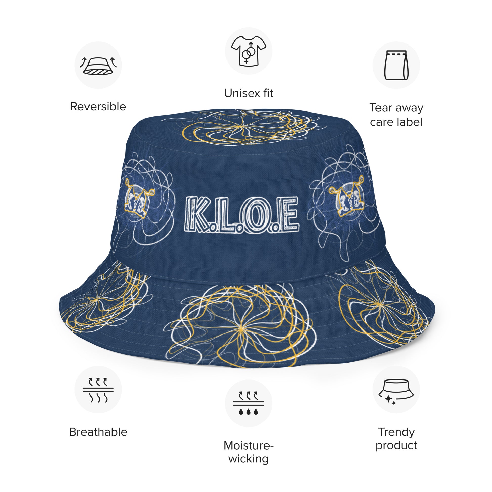 Reversible bucket hat featuring navy and golden yellow sides with abstract white linework and mirrored face emblems, blending hand-drawn cultural art with bold, expressive streetwear style.