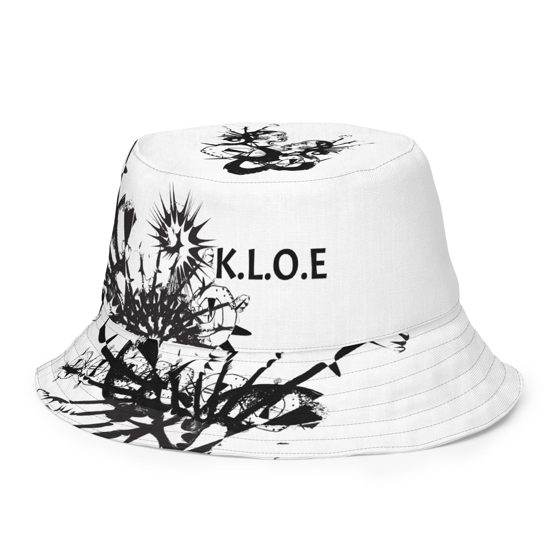 All-over print reversible bucket hat by K.L.O.E featuring black hand-drawn, culturally inspired artwork on a white background—expressing individuality and transformation through intricate abstract symbolism.