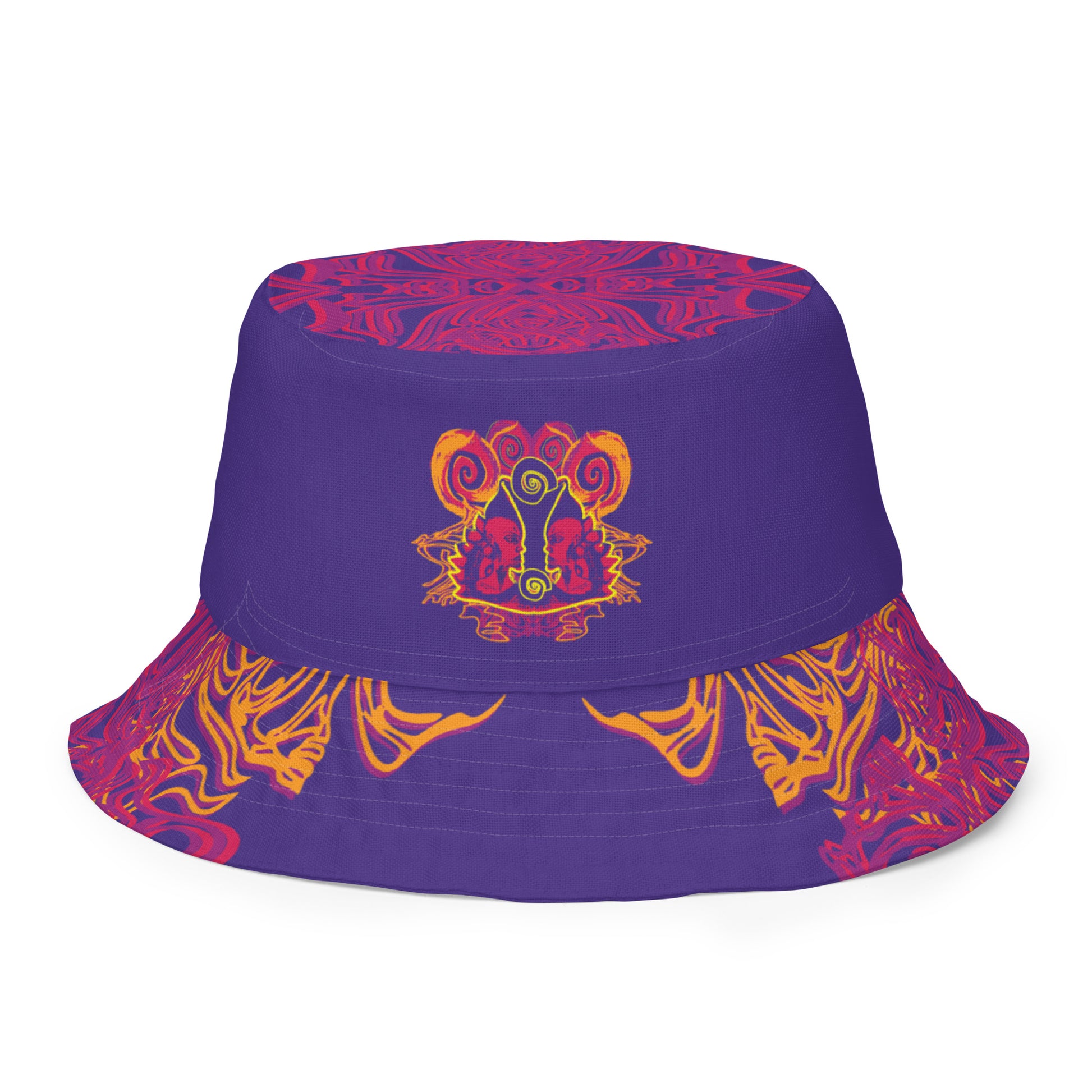 Reversible purple bucket hat with bold orange and red culturally inspired patterns, featuring abstract swirls and mirrored face design — artistic fashion accessory from KLOE’s The Secret Chambers of I & I collection.