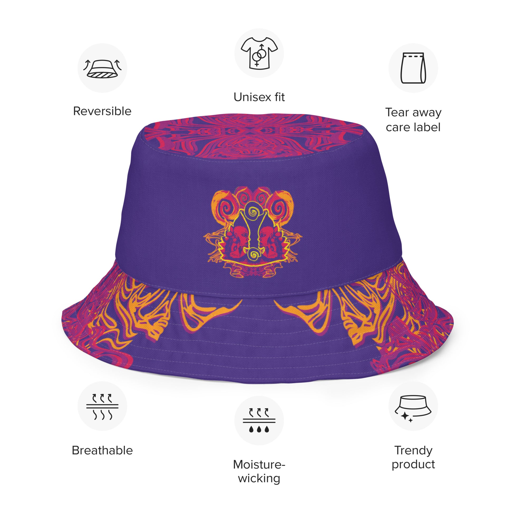 Reversible purple bucket hat with bold orange and red culturally inspired patterns, featuring abstract swirls and mirrored face design — artistic fashion accessory from KLOE’s The Secret Chambers of I & I collection, showing the product details.
