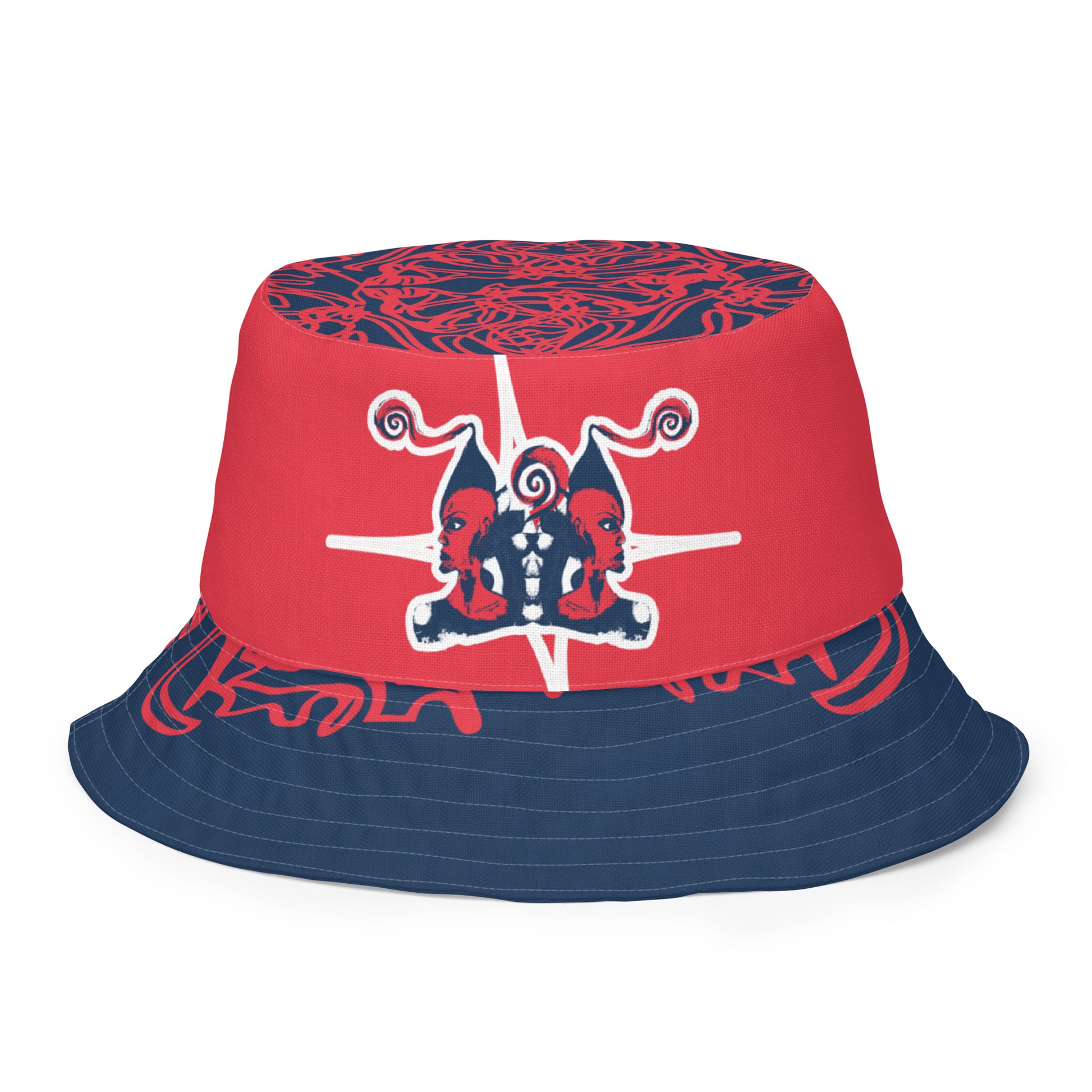 Bold reversible streetwear bucket hat featuring hand-drawn tribal patterns on one side and a mirrored face design on the other, crafted in navy and red for an edgy, modern look – KLOE fashion.