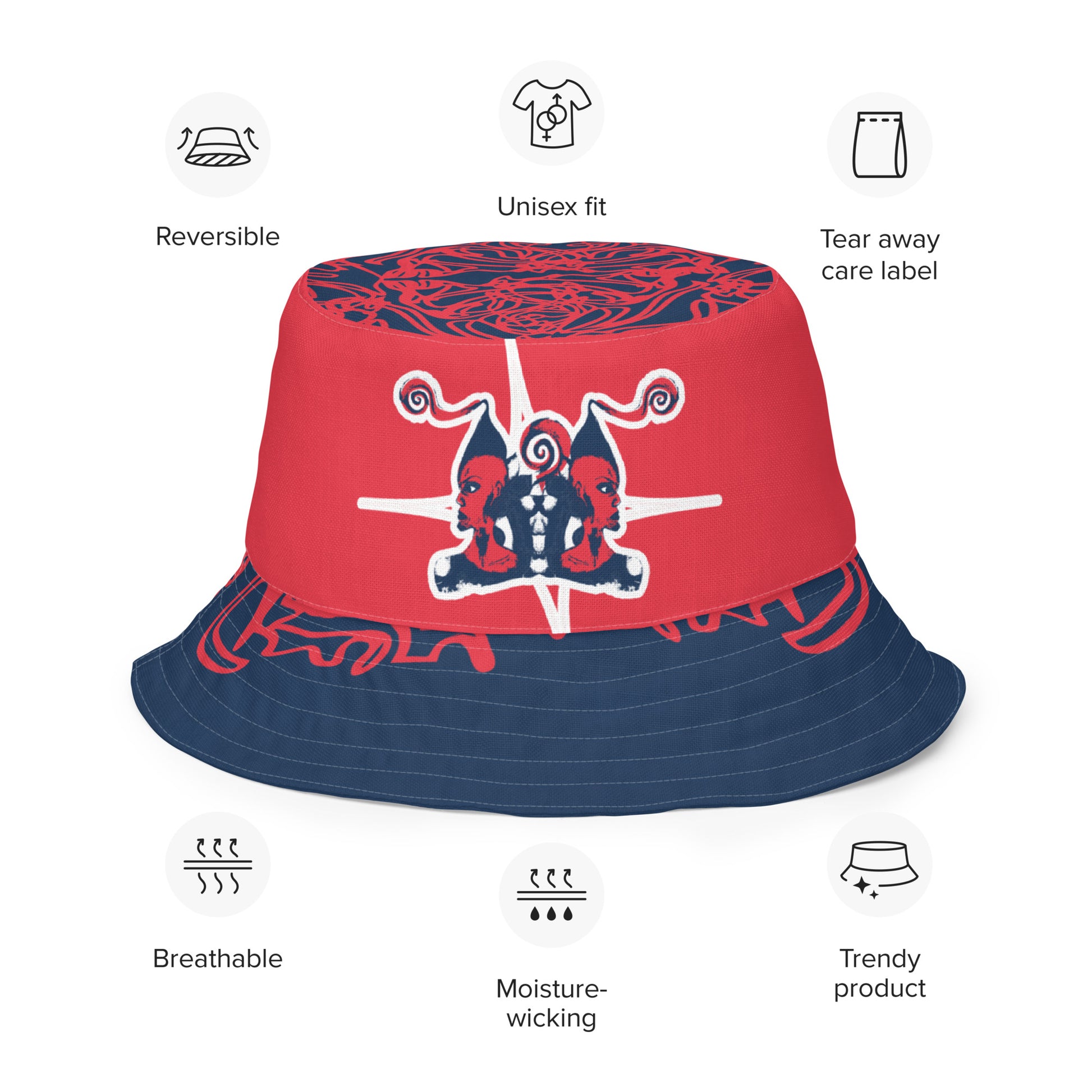 Bold reversible streetwear bucket hat featuring hand-drawn tribal patterns on one side and a mirrored face design on the other, crafted in navy and red for an edgy, modern look – KLOE fashion.