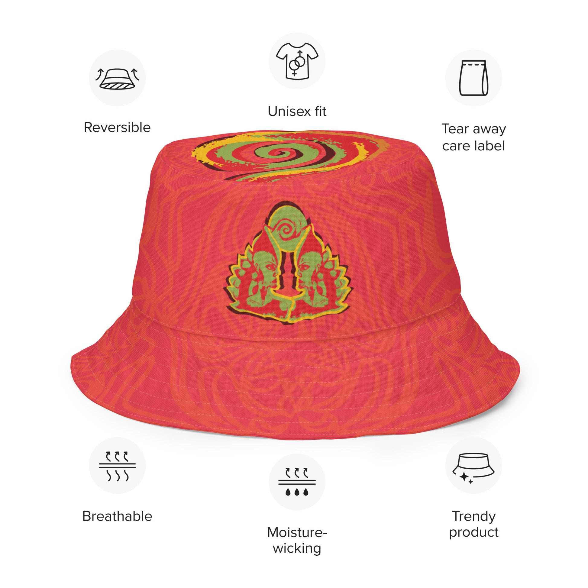 Reversible red-orange bucket hat with cultural swirl design and mirrored face motif on one side, and K.L.O.E wordmark on the other.