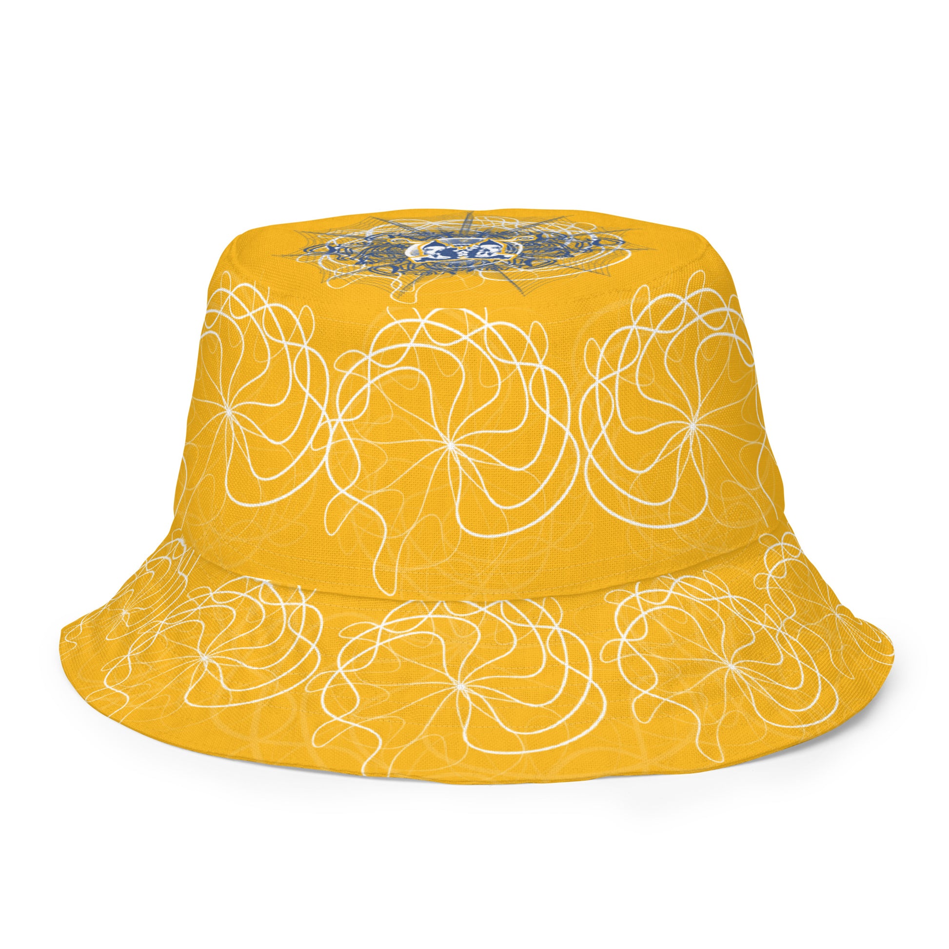 Reversible bucket hat featuring navy and golden yellow sides with abstract white linework and mirrored face emblems, blending hand-drawn cultural art with bold, expressive streetwear style.