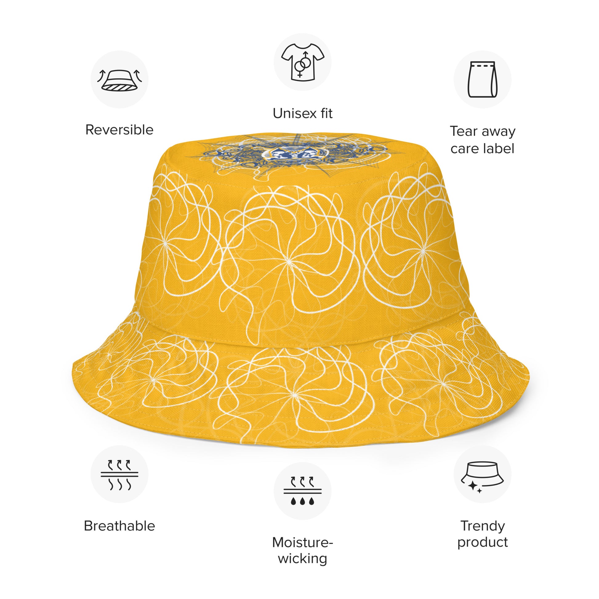 Reversible bucket hat featuring navy and golden yellow sides with abstract white linework and mirrored face emblems, blending hand-drawn cultural art with bold, expressive streetwear style.