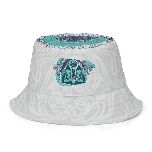 Reversible bucket hat with abstract jade and white linework, featuring dual-face artwork on one side and K.L.O.E logo on the other—crafted for bold, expressive style.