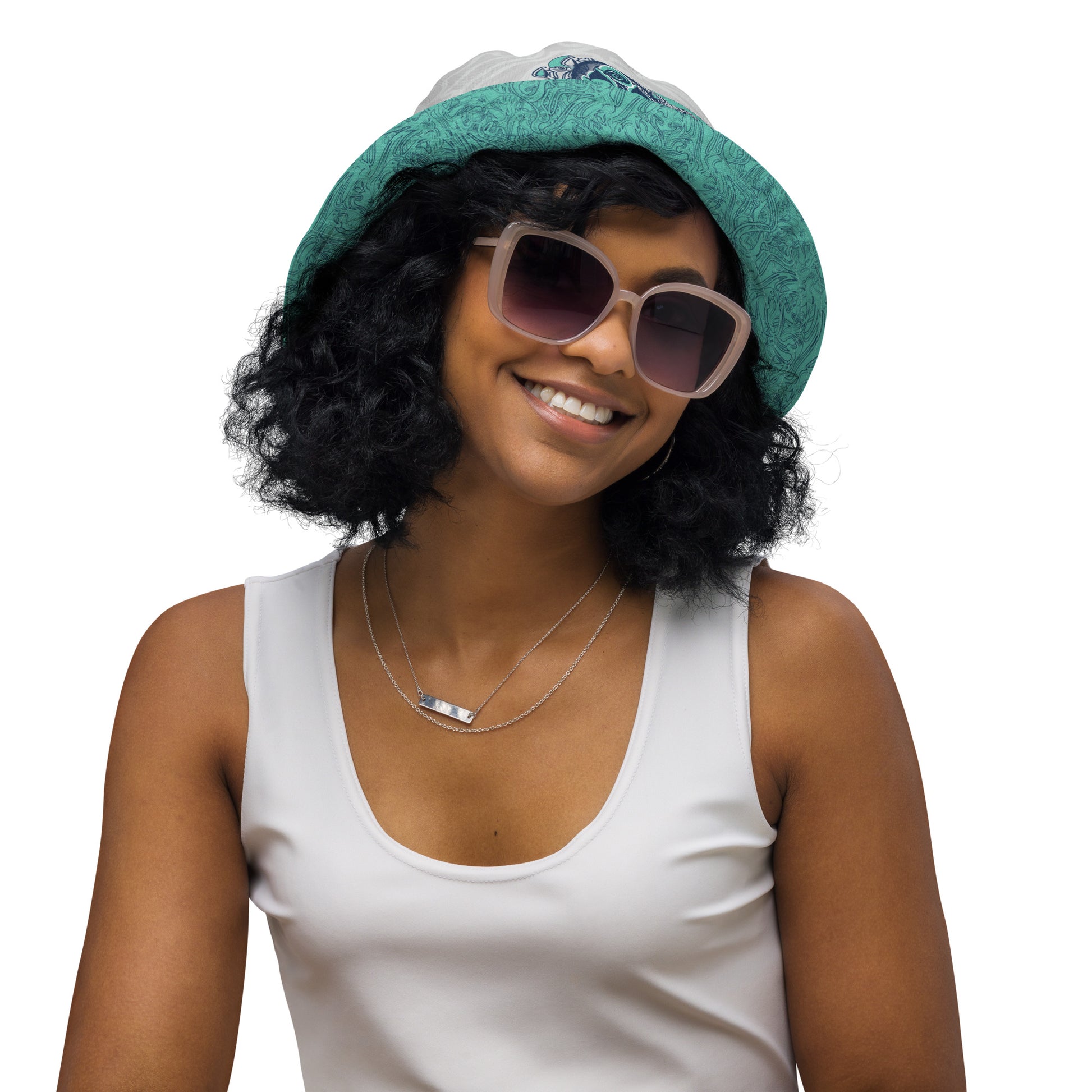 Reversible bucket hat with abstract jade and white linework, featuring dual-face artwork on one side and K.L.O.E logo on the other—crafted for bold, expressive style.