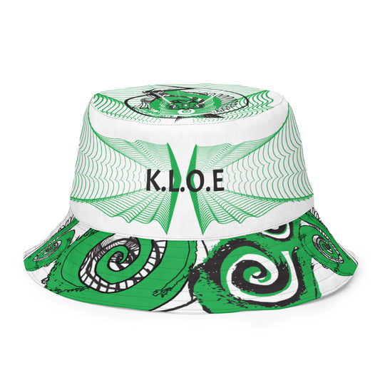Hand-illustrated reversible bucket hat featuring bold green spirals and intricate web-inspired patterns — crafted for versatile self-expression and rooted in artistic individuality, exclusive to KLOE.