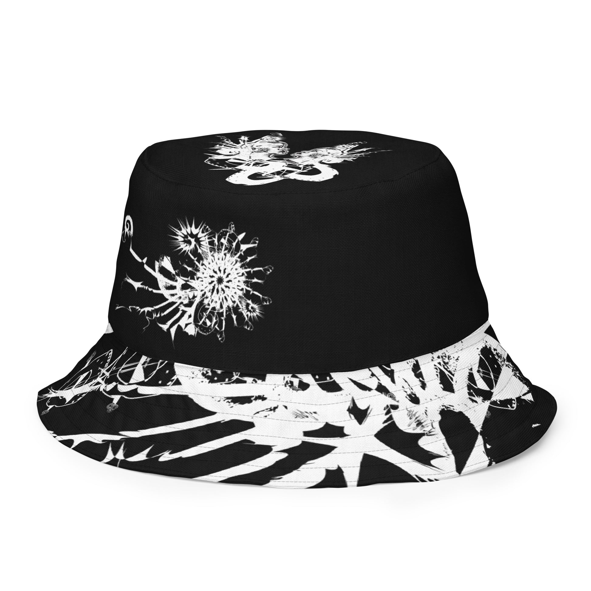 All-over print reversible bucket hat by K.L.O.E featuring white hand-drawn, culturally inspired artwork on a black background—symbolizing duality, individuality, and artistic transformation through abstract design.