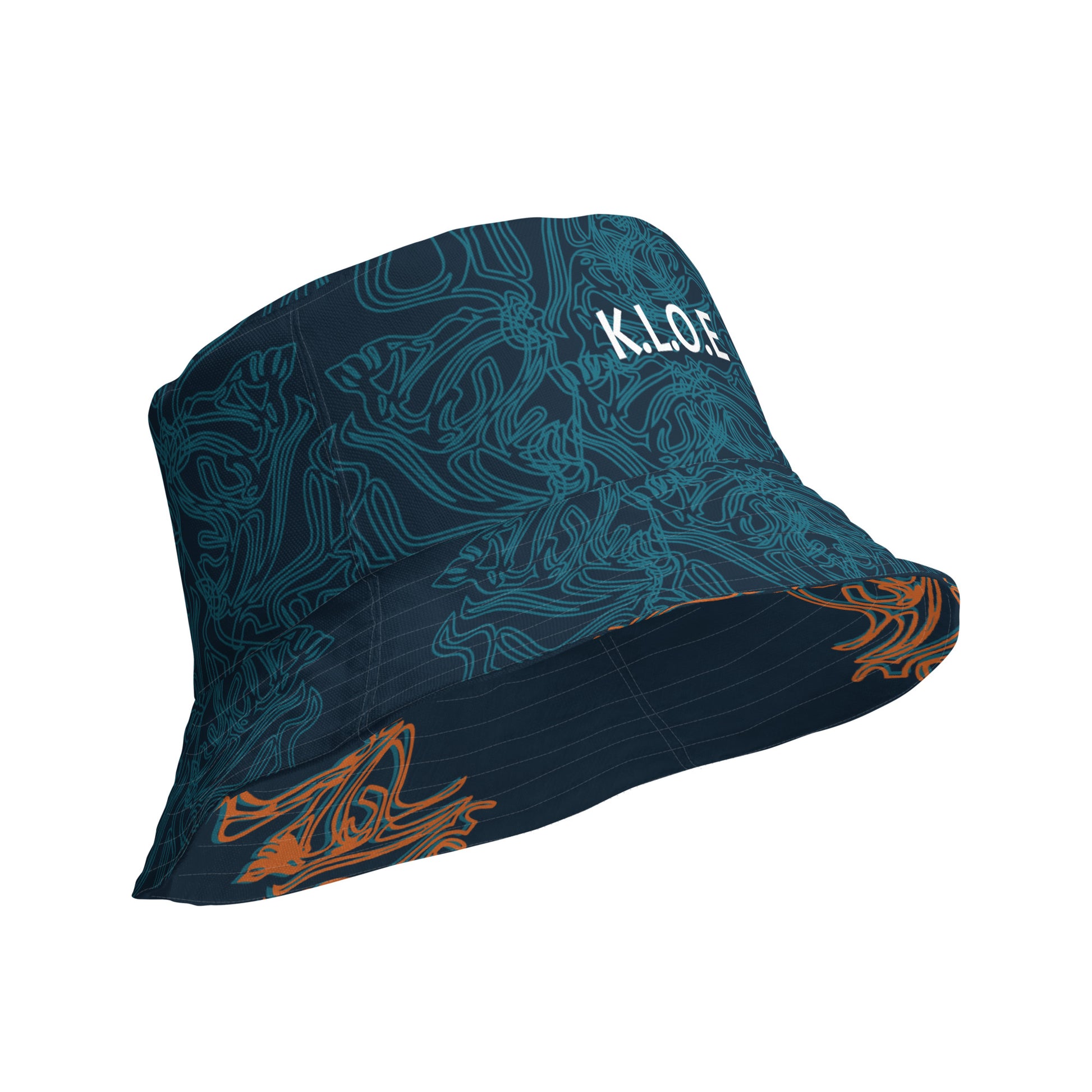 Navy blue bucket hat with cyan line art and 'K.L.O.E' branding on the front, offering a minimal yet artistic aesthetic, worn by a model.