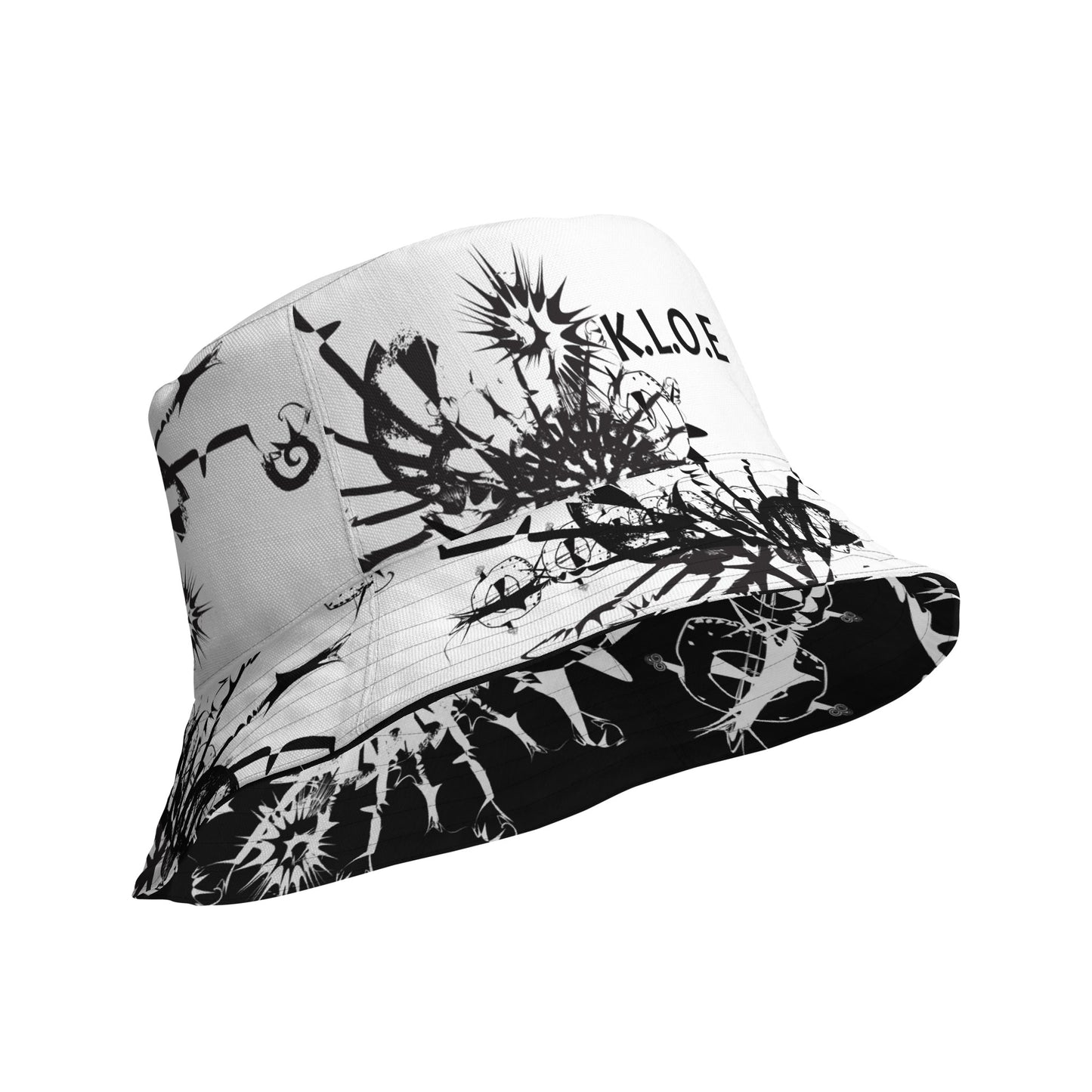 All-over print reversible bucket hat by K.L.O.E featuring black hand-drawn, culturally inspired artwork on a white background—expressing individuality and transformation through intricate abstract symbolism.