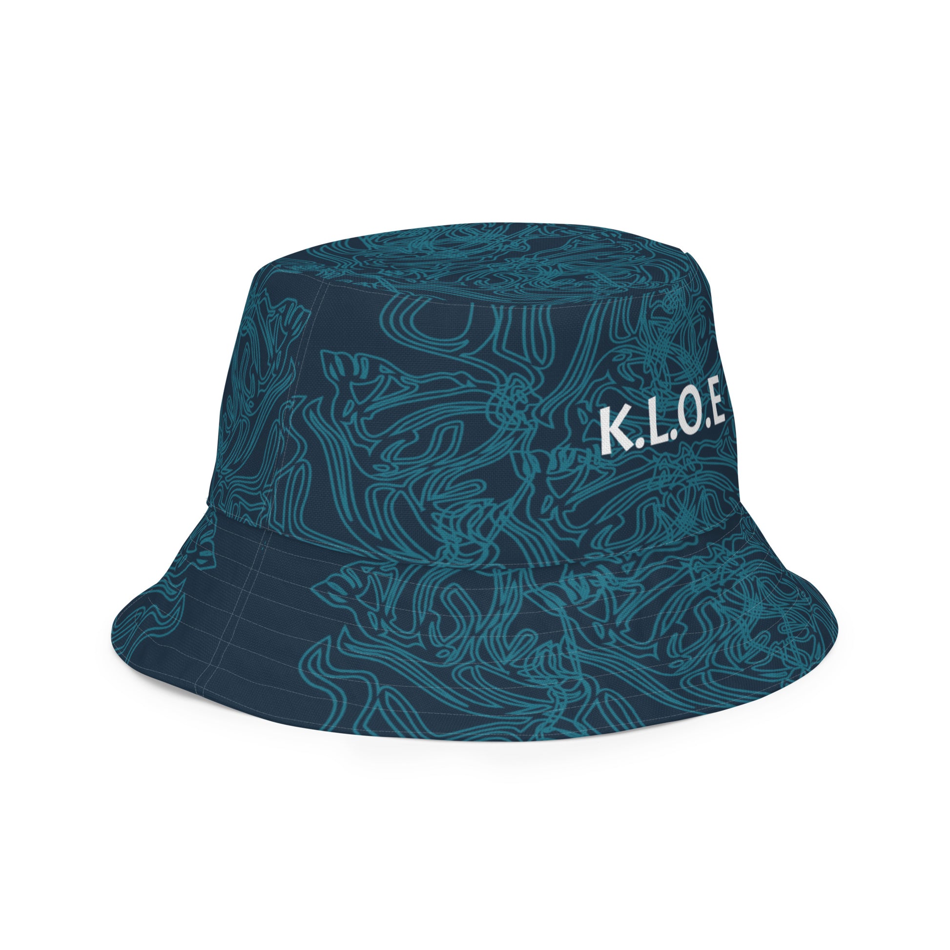 Navy blue bucket hat with cyan line art and 'K.L.O.E' branding on the front, offering a minimal yet artistic aesthetic.