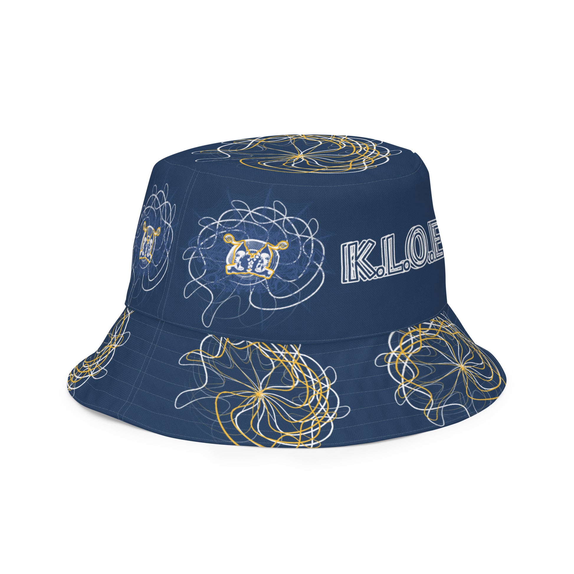 Reversible bucket hat featuring navy and golden yellow sides with abstract white linework and mirrored face emblems, blending hand-drawn cultural art with bold, expressive streetwear style.