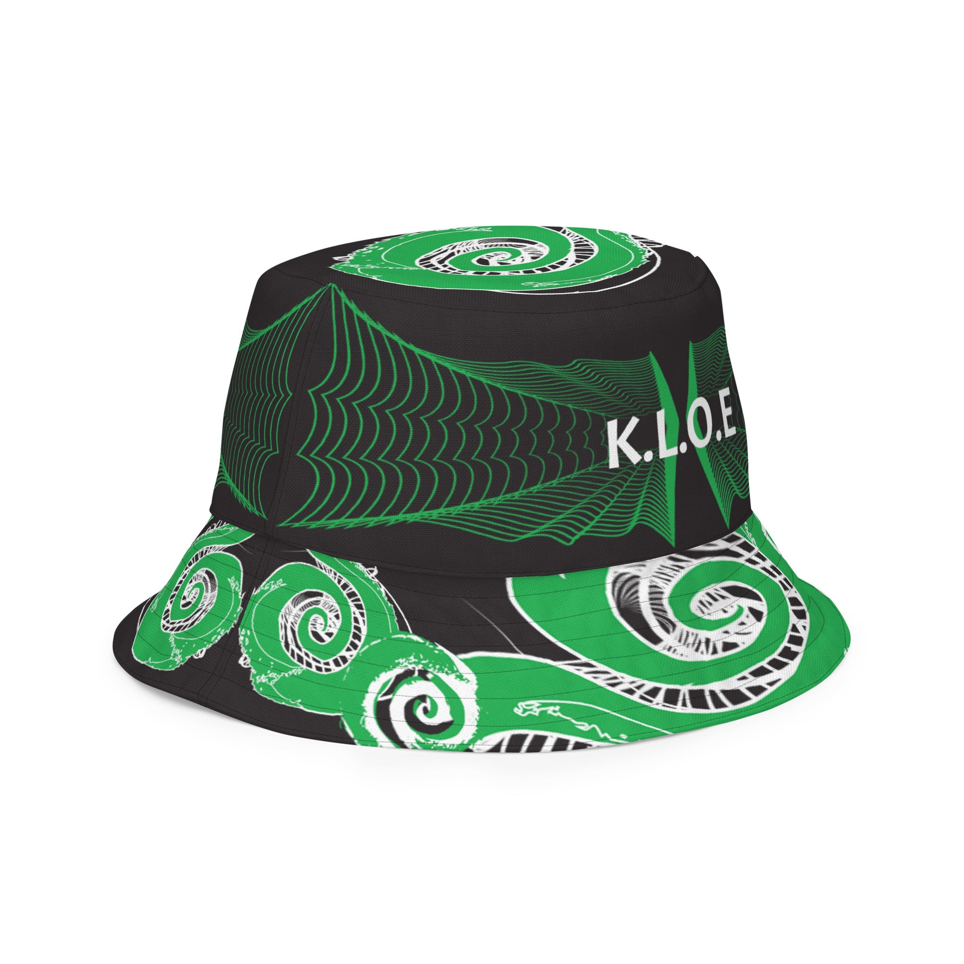 Hand-illustrated reversible bucket hat featuring bold green spirals and intricate web-inspired patterns — crafted for versatile self-expression and rooted in artistic individuality, exclusive to KLOE.
