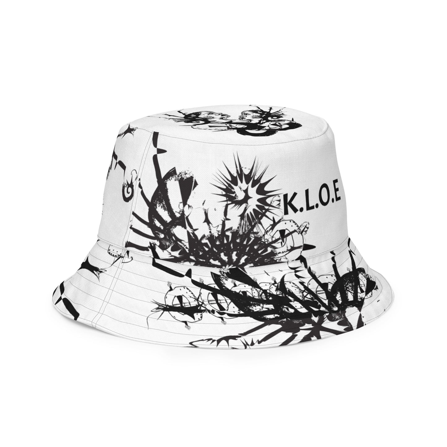 All-over print reversible bucket hat by K.L.O.E featuring black hand-drawn, culturally inspired artwork on a white background—expressing individuality and transformation through intricate abstract symbolism.
