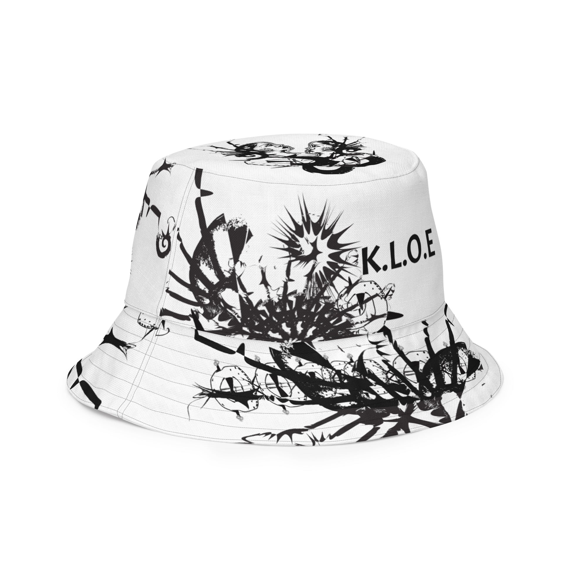 All-over print reversible bucket hat by K.L.O.E featuring black hand-drawn, culturally inspired artwork on a white background—expressing individuality and transformation through intricate abstract symbolism.