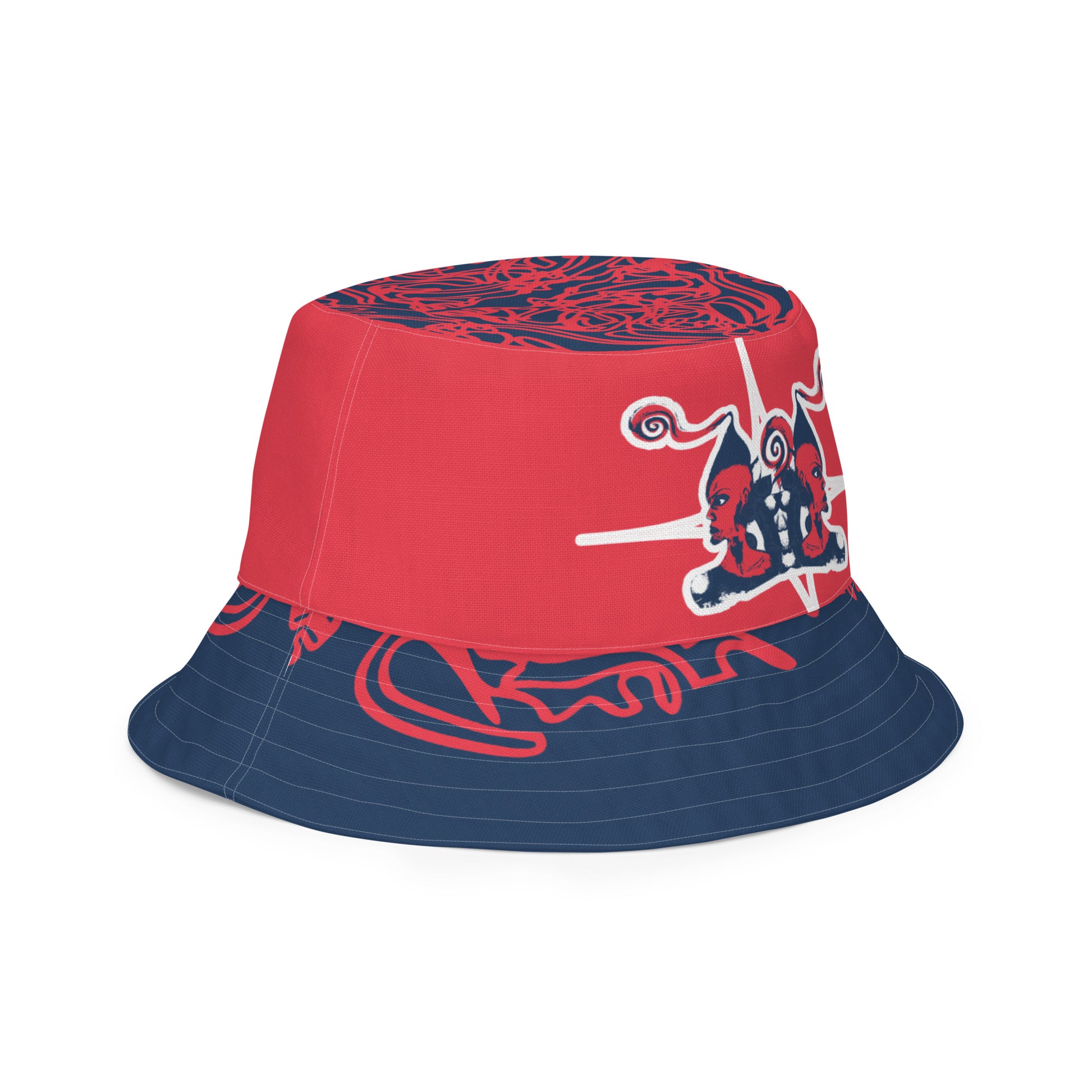 Bold reversible streetwear bucket hat featuring hand-drawn tribal patterns on one side and a mirrored face design on the other, crafted in navy and red for an edgy, modern look – KLOE fashion.