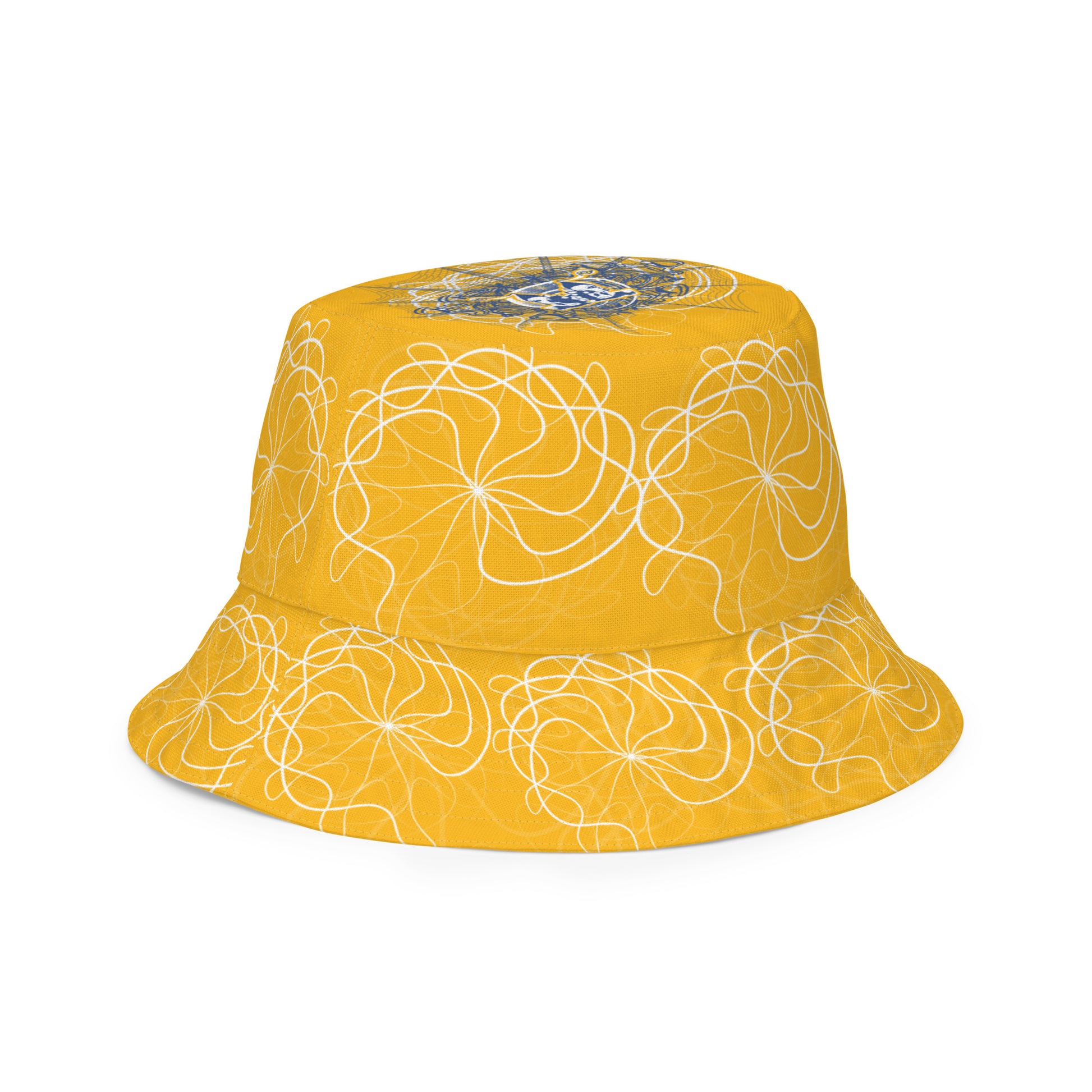 Reversible bucket hat featuring navy and golden yellow sides with abstract white linework and mirrored face emblems, blending hand-drawn cultural art with bold, expressive streetwear style.