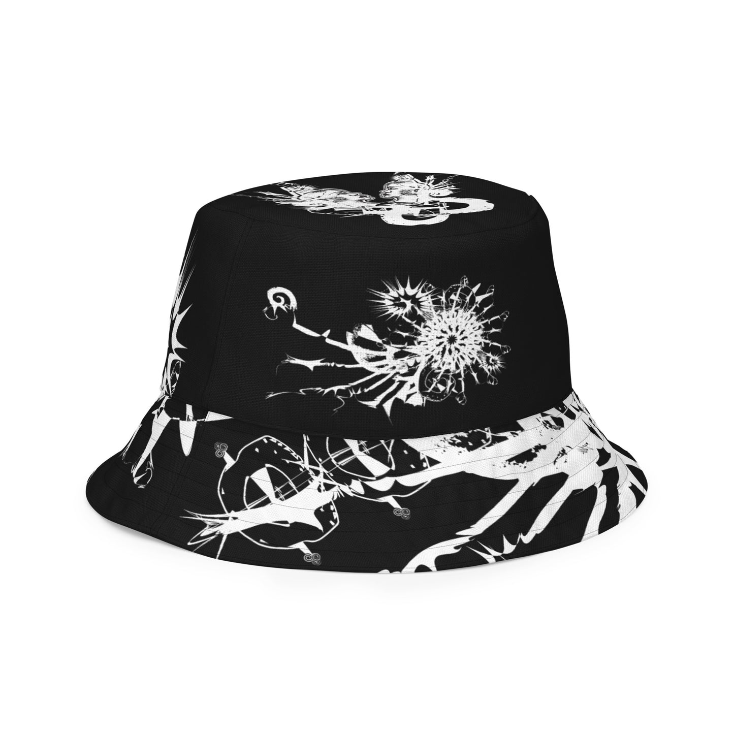 All-over print reversible bucket hat by K.L.O.E featuring white hand-drawn, culturally inspired artwork on a black background—symbolizing duality, individuality, and artistic transformation through abstract design.