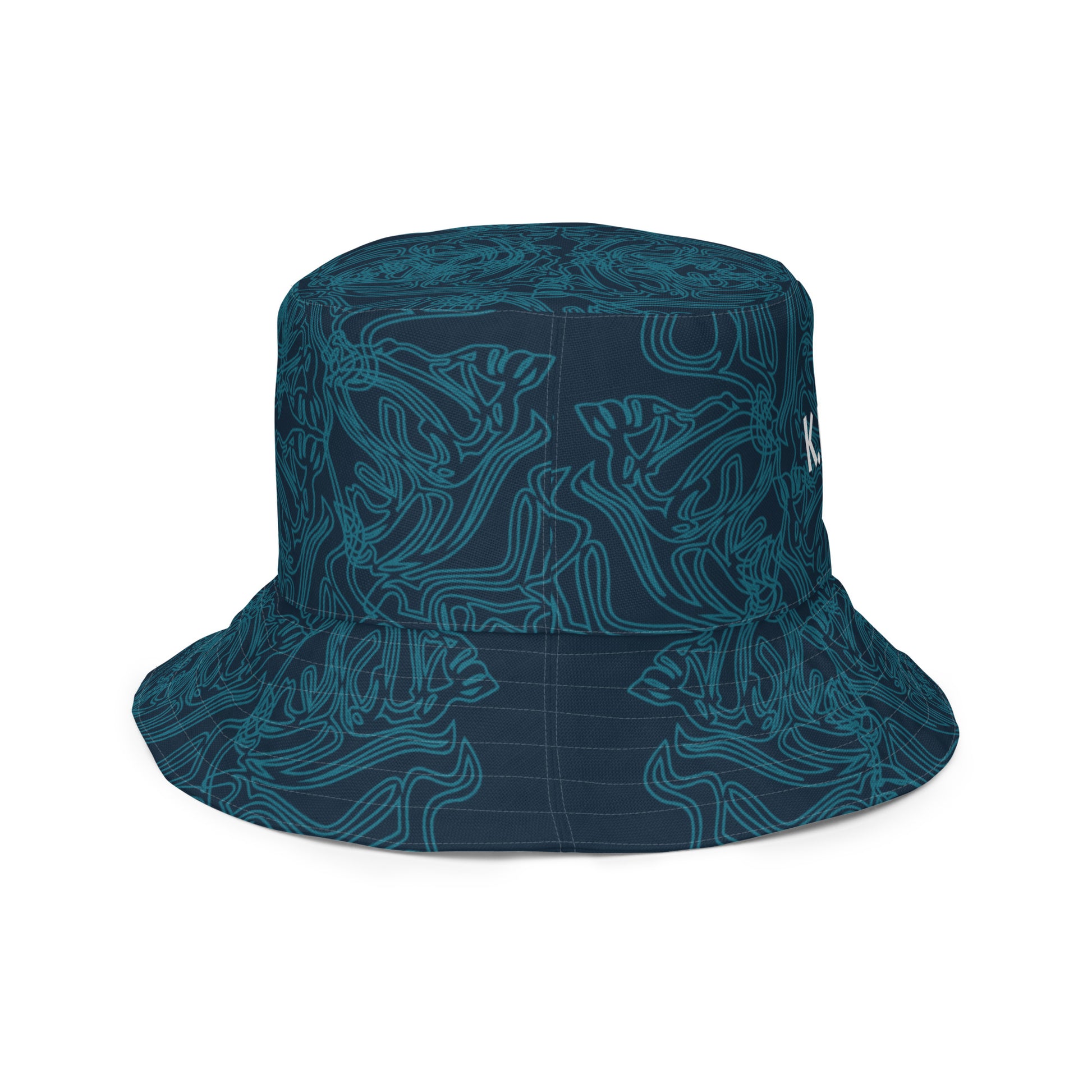 Navy blue bucket hat with cyan line art and 'K.L.O.E' branding on the front, offering a minimal yet artistic aesthetic, worn by a model.