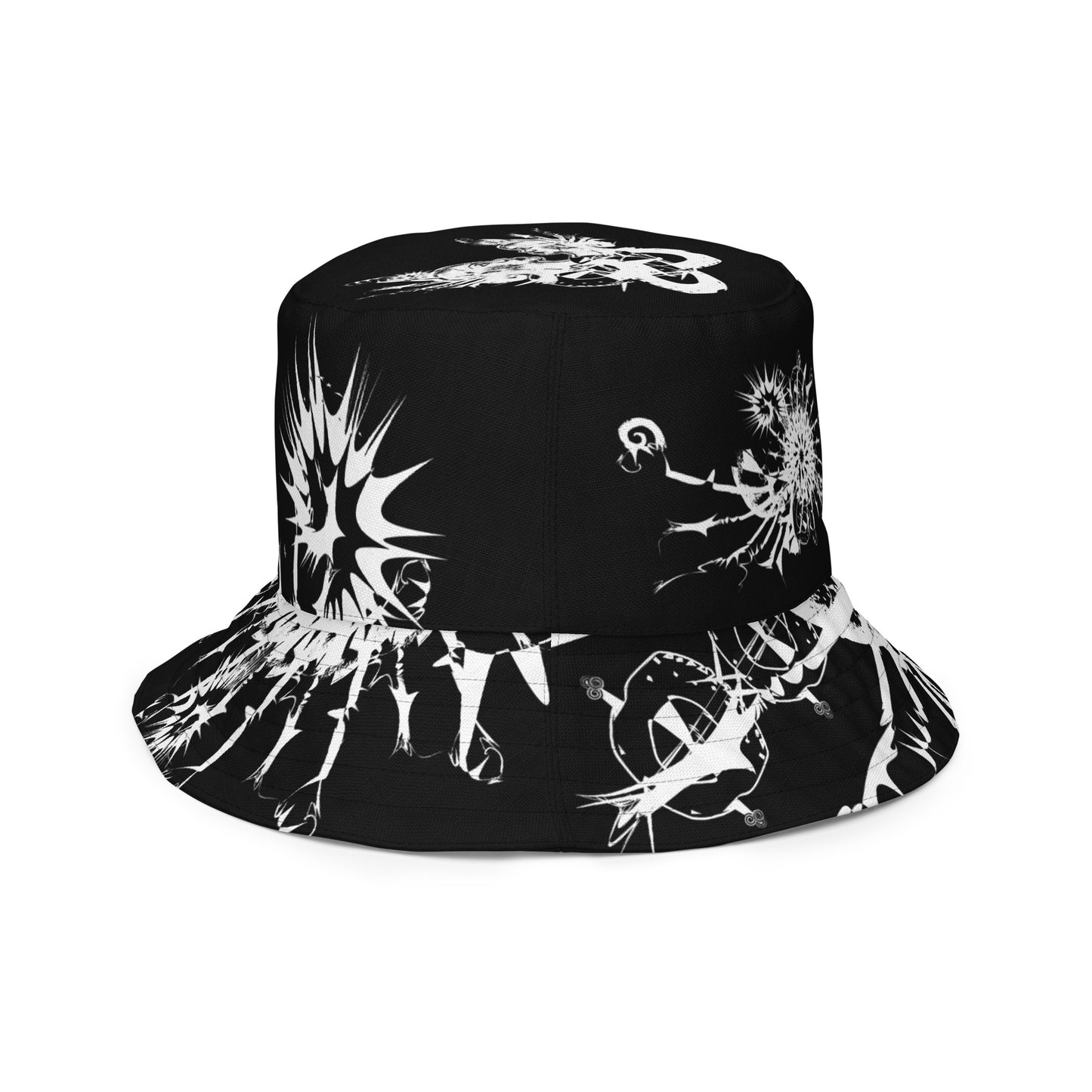 All-over print reversible bucket hat by K.L.O.E featuring white hand-drawn, culturally inspired artwork on a black background—symbolizing duality, individuality, and artistic transformation through abstract design.