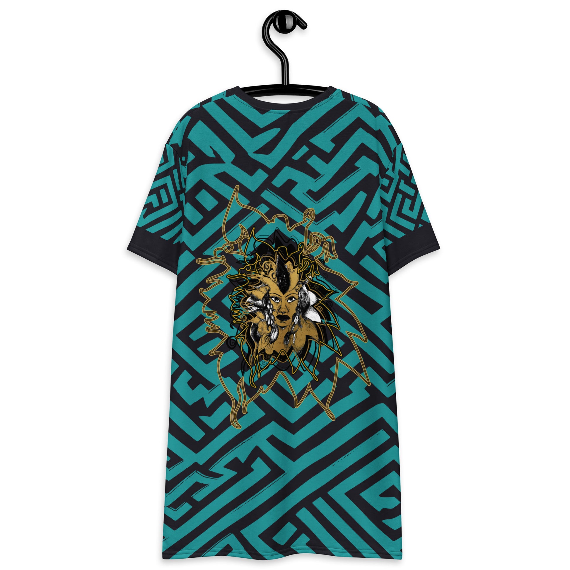 Back view of KLOE Store bohemian style dress featuring bold green and black geometric patterns with an intricate golden artistic face design, highlighting expressive and modern boho fashion, on a model.
