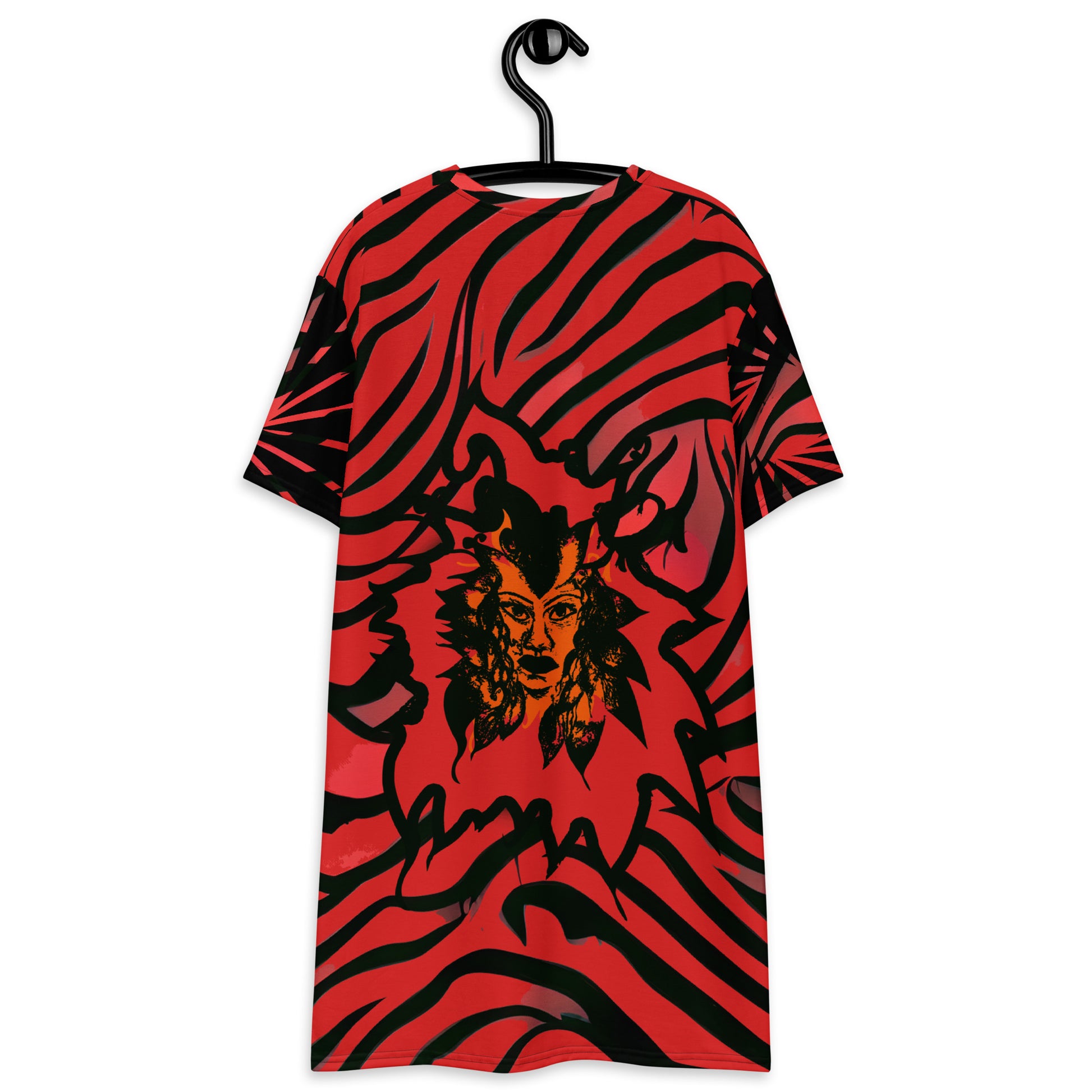 Bold red and black t-shirt dress from Kloe Store with an artistic face design, showcasing a stylish and edgy streetwear look with striking patterns and a modern, casual fit, back view.
