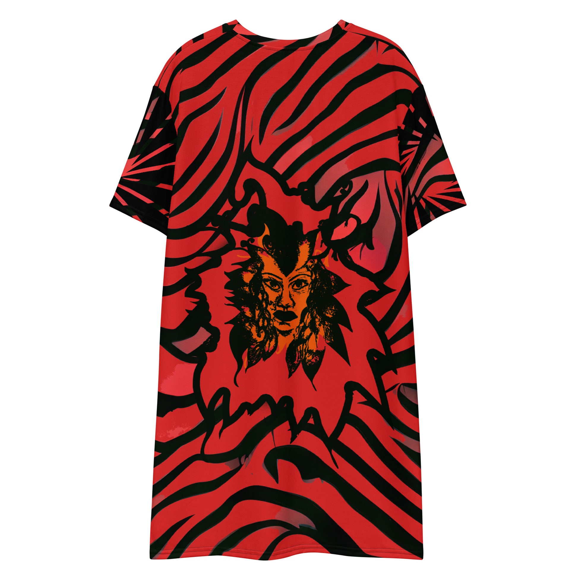 Bold red and black t-shirt dress from Kloe Store with an artistic face design, showcasing a stylish and edgy streetwear look with striking patterns and a modern, casual fit.