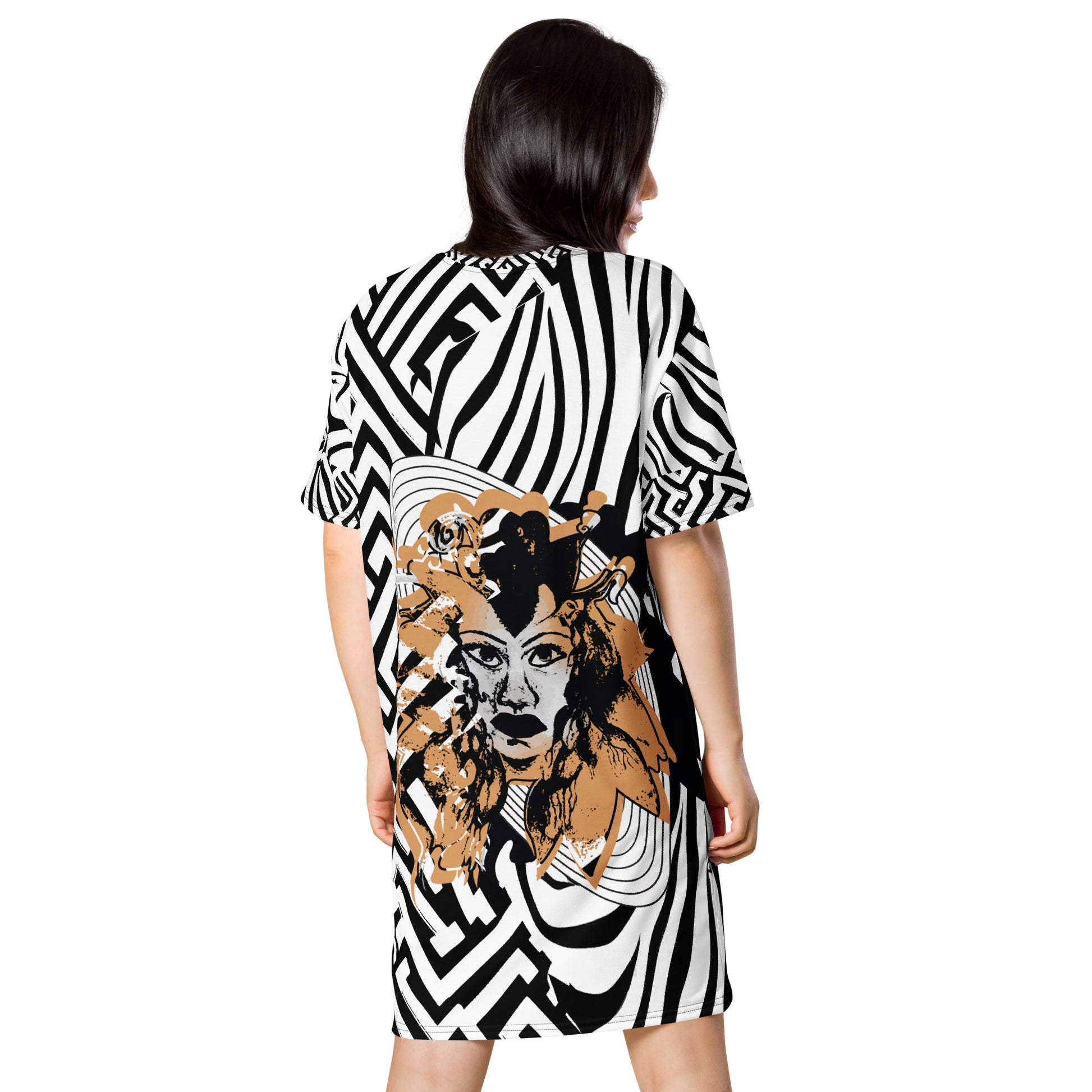 Model wearing bold black and white zebra print t-shirt dress from Kloe Store featuring an artistic face design in the center, showcasing unique streetwear style with abstract patterns and edgy fashion, back view.