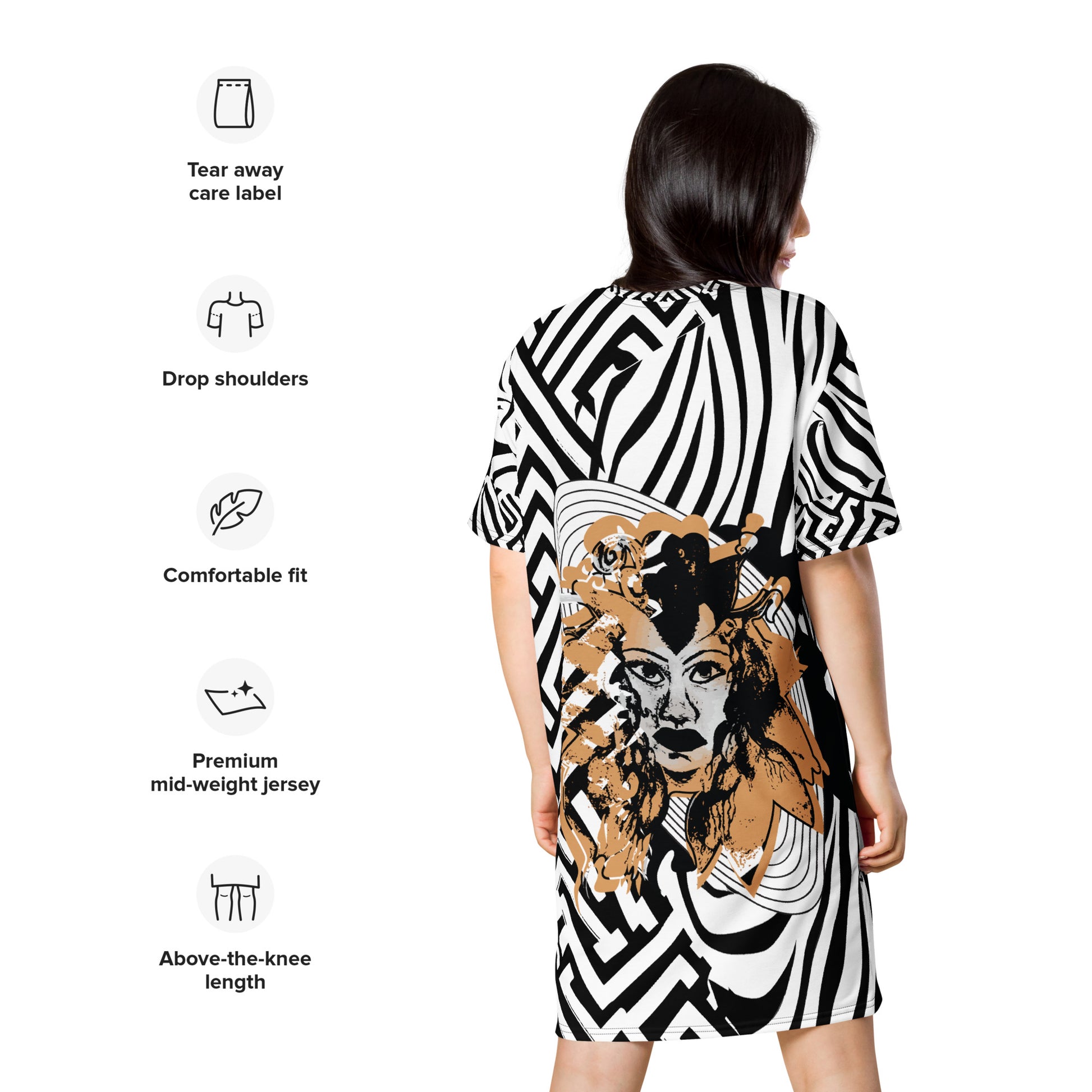 Model wearing bold black and white zebra print t-shirt dress from Kloe Store featuring an artistic face design in the center, showcasing unique streetwear style with abstract patterns and edgy fashion, with product specifications.