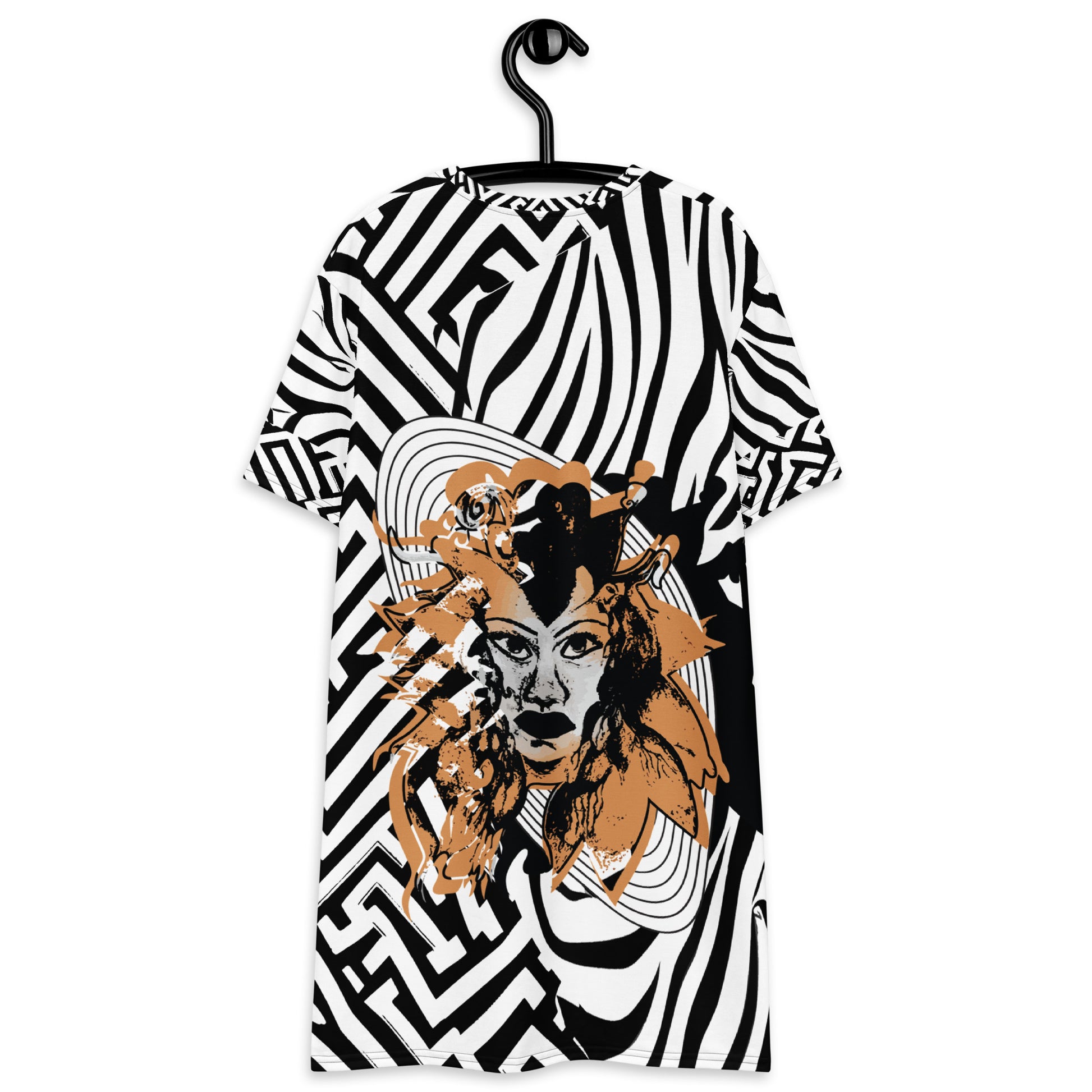 Bold black and white zebra print t-shirt dress from Kloe Store featuring an artistic face design in the center, showcasing unique streetwear style with abstract patterns and edgy fashion, back view, hanging on the hanger.