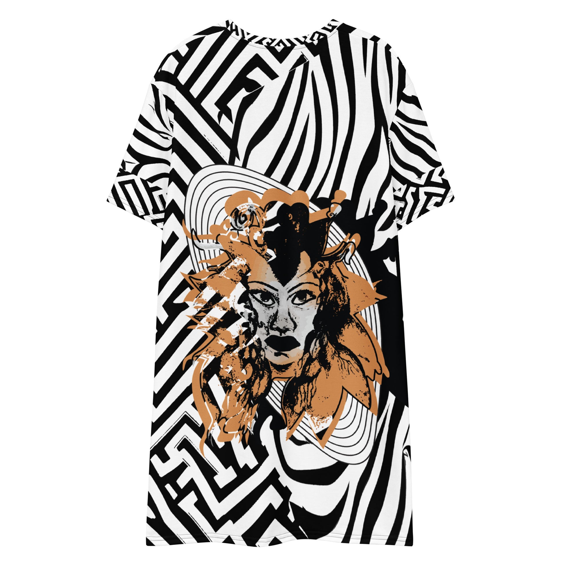 Bold black and white zebra print t-shirt dress from Kloe Store featuring an artistic face design in the center, showcasing unique streetwear style with abstract patterns and edgy fashion.