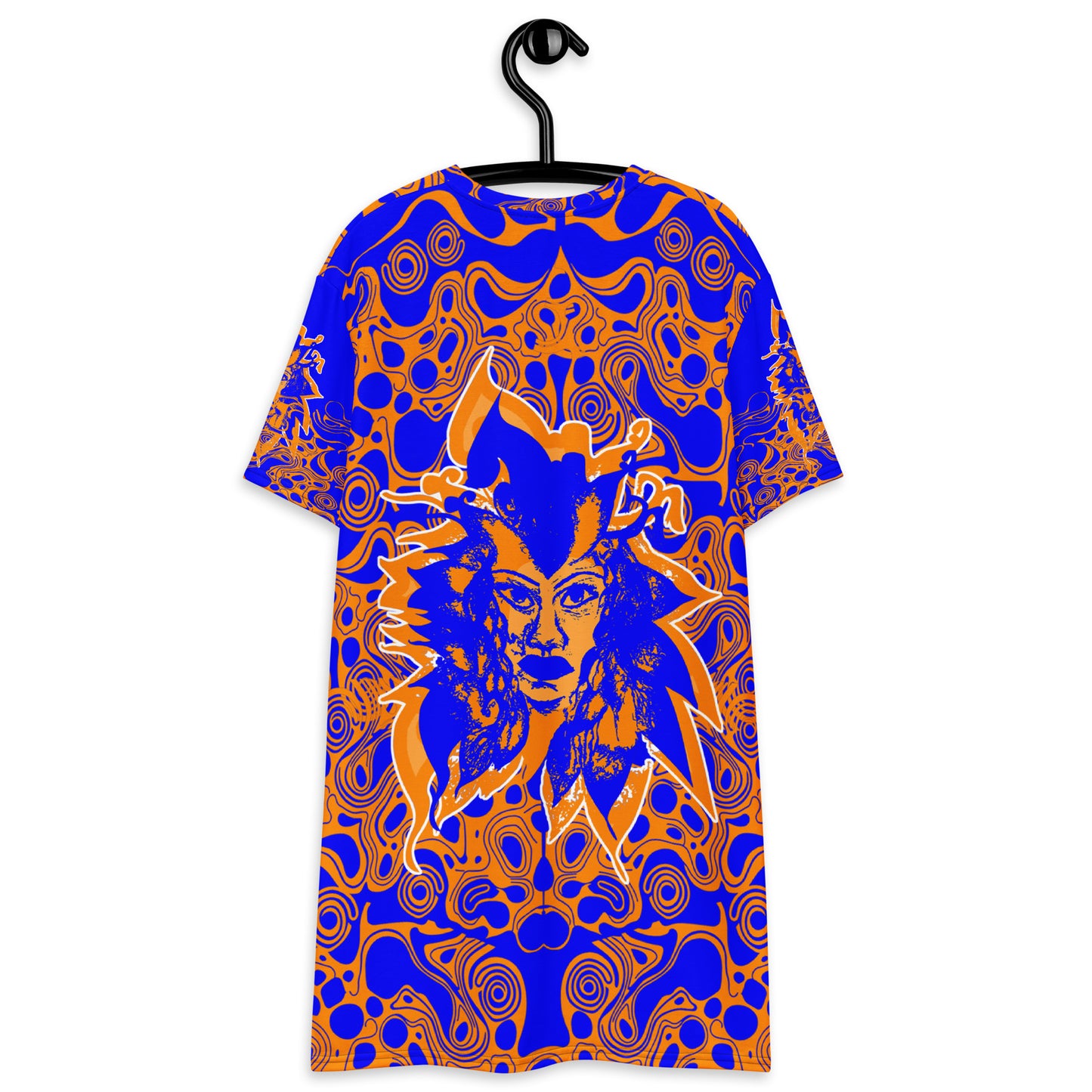 A model wearing bold blue and orange t-shirt dress from Kloe Store featuring intricate abstract patterns and a central artistic face design, offering a stylish and edgy streetwear look.