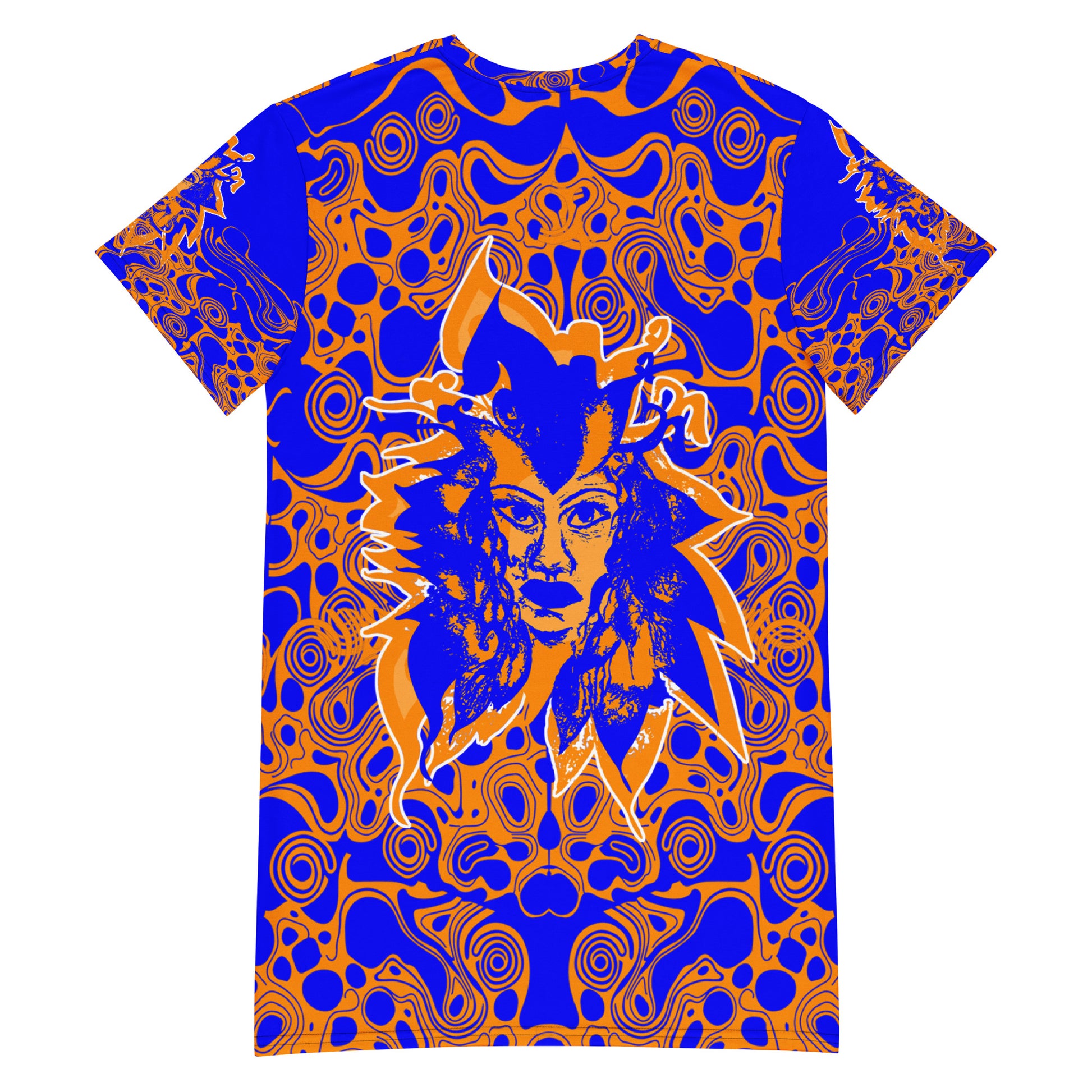 A model wearing bold blue and orange t-shirt dress from Kloe Store featuring intricate abstract patterns and a central artistic face design, offering a stylish and edgy streetwear look.