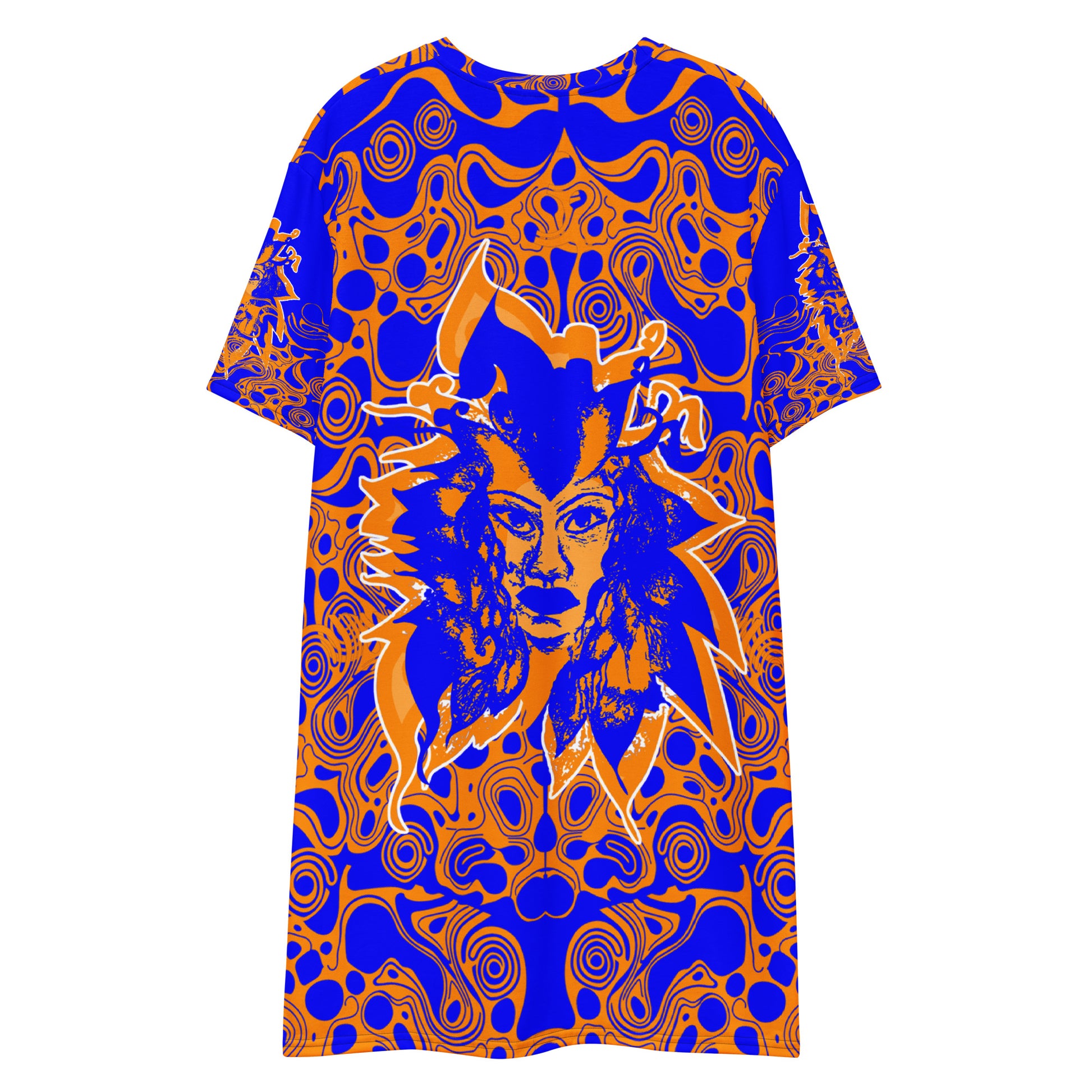 Bold blue and orange t-shirt dress from Kloe Store featuring intricate abstract patterns and a central artistic face design, offering a stylish and edgy streetwear look.